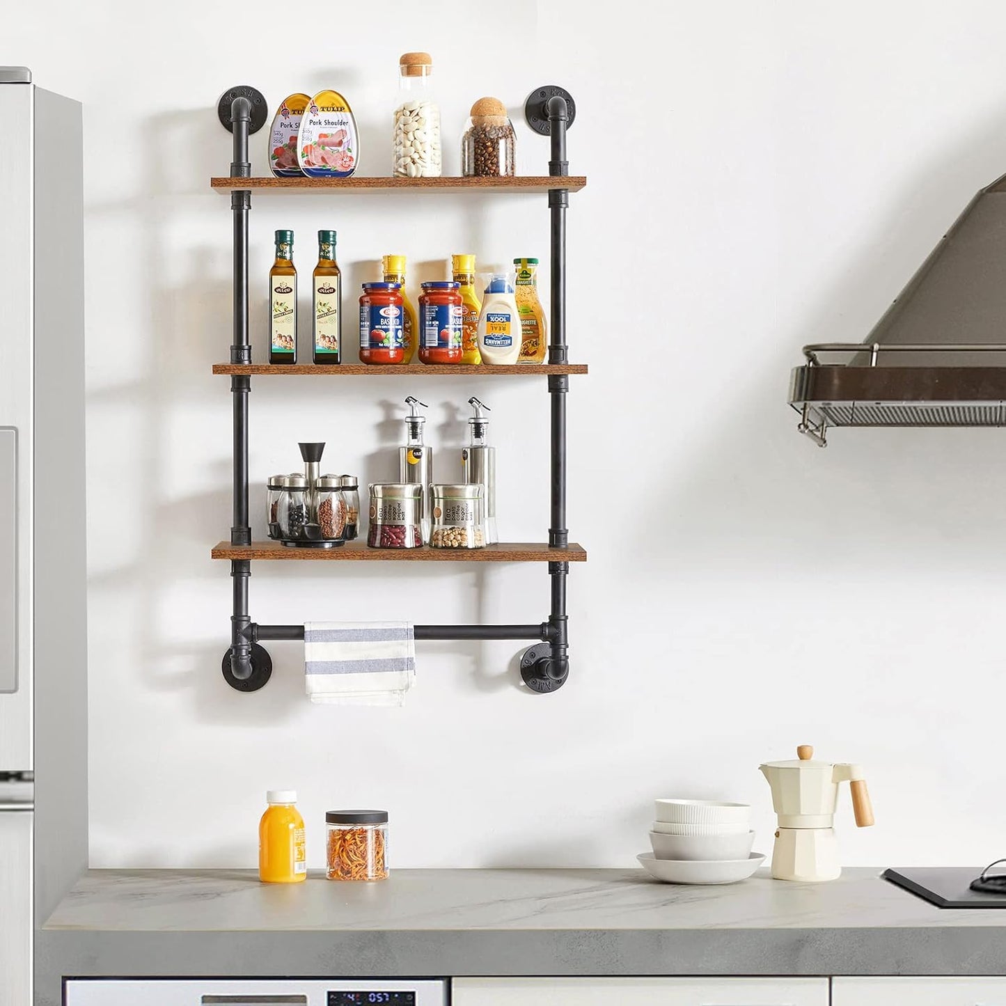IBUYKE Industrial Pipe Shelf,40.5 inches Wall Mount Bookcase,3-Tier Wall Shelf with Towel Bar,Rustic Iron Pipe Floating Shelvesfor Bedroom,Kitchen,Living Room,Bathroom URF-TM015