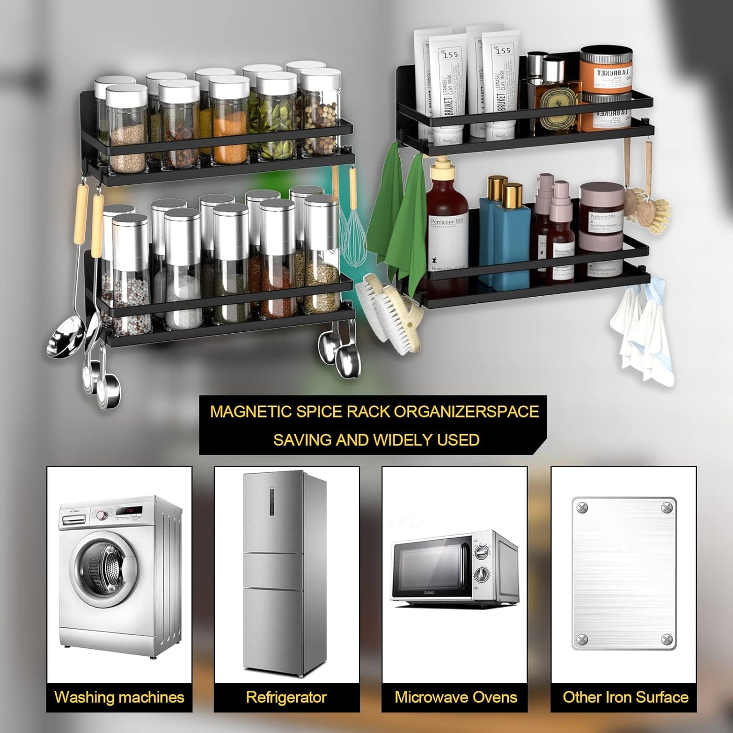 Magnetic Spice Rack for Refrigerator,Magnetic Shelf Fridge Organizer for Kitchen, Spice Rack Space Saver Container for Kitchen/Apartment, Drill Free, Black 6 Pack