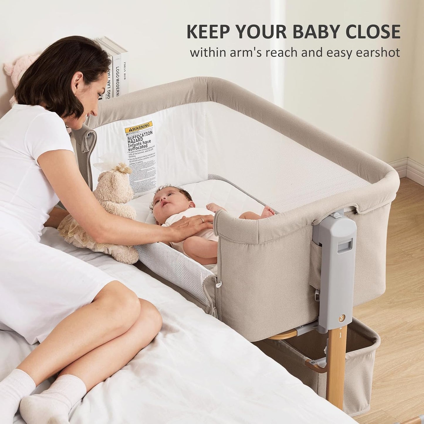 3 in 1 Baby Bassinet, Rocking Bassinet, Bedside Bassinet, 6-Height Adjustable, Bassinet Bedside Sleeper, Bedside Bassient for Baby with Comfy Mattress, Breathable Mesh, Large Storage Basket