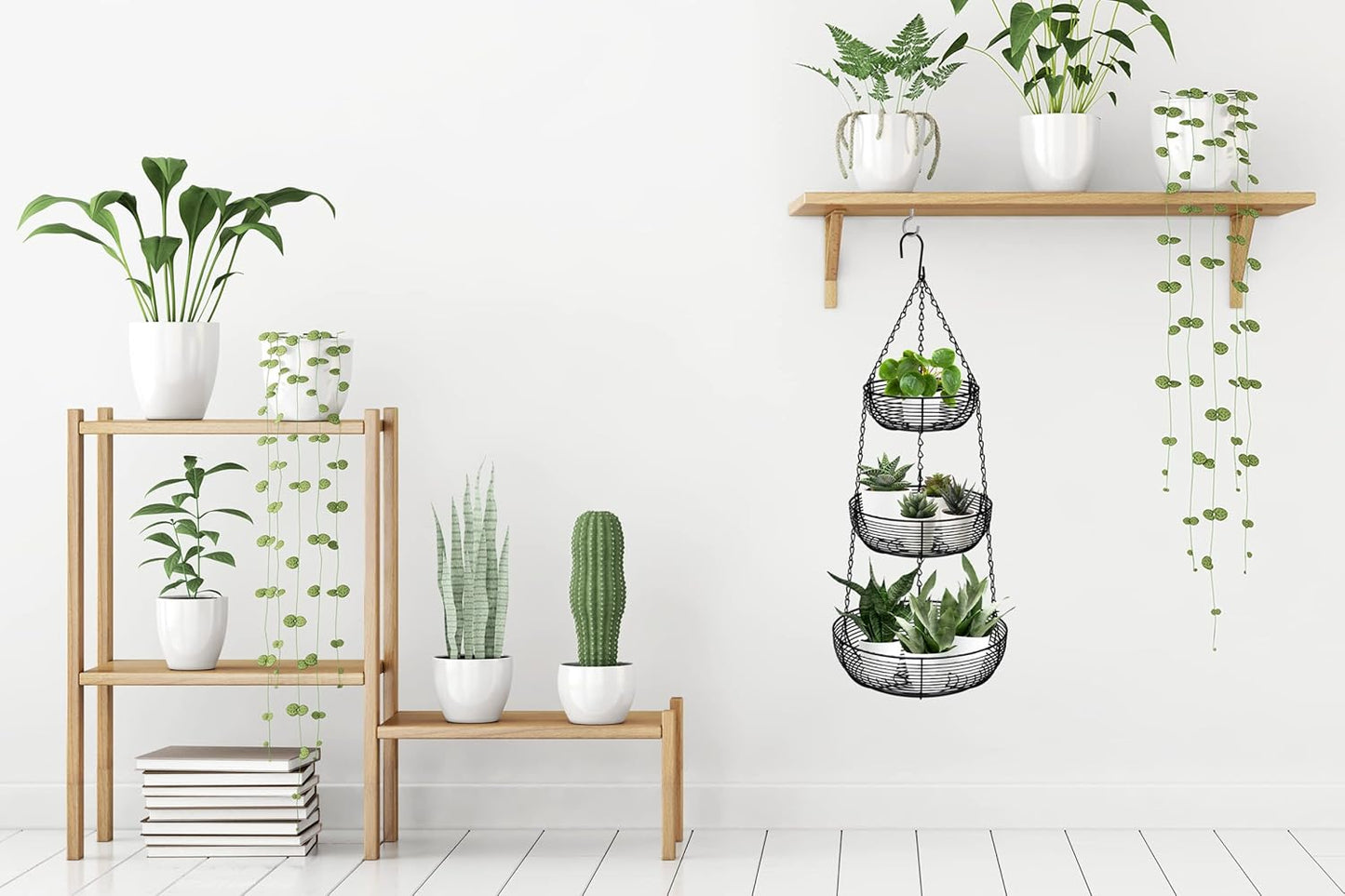 CAXXA 3-Tier Hanging Basket Fruit Organizer Kitchen Heavy Duty Wire Organizer with 2 Free Bonus Metal Ceiling Hooks, Black