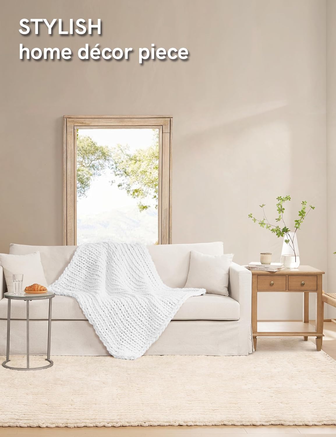 YnM Chunky Throw Blanket, Medium-Weight, Hand Knitted with Chenielle Yarn, Skin Friendly, Ventilated and Breathable, Machine Washable, Home Décor Piece for Couch, Sofa and Bed (White, 50x60 Inch)