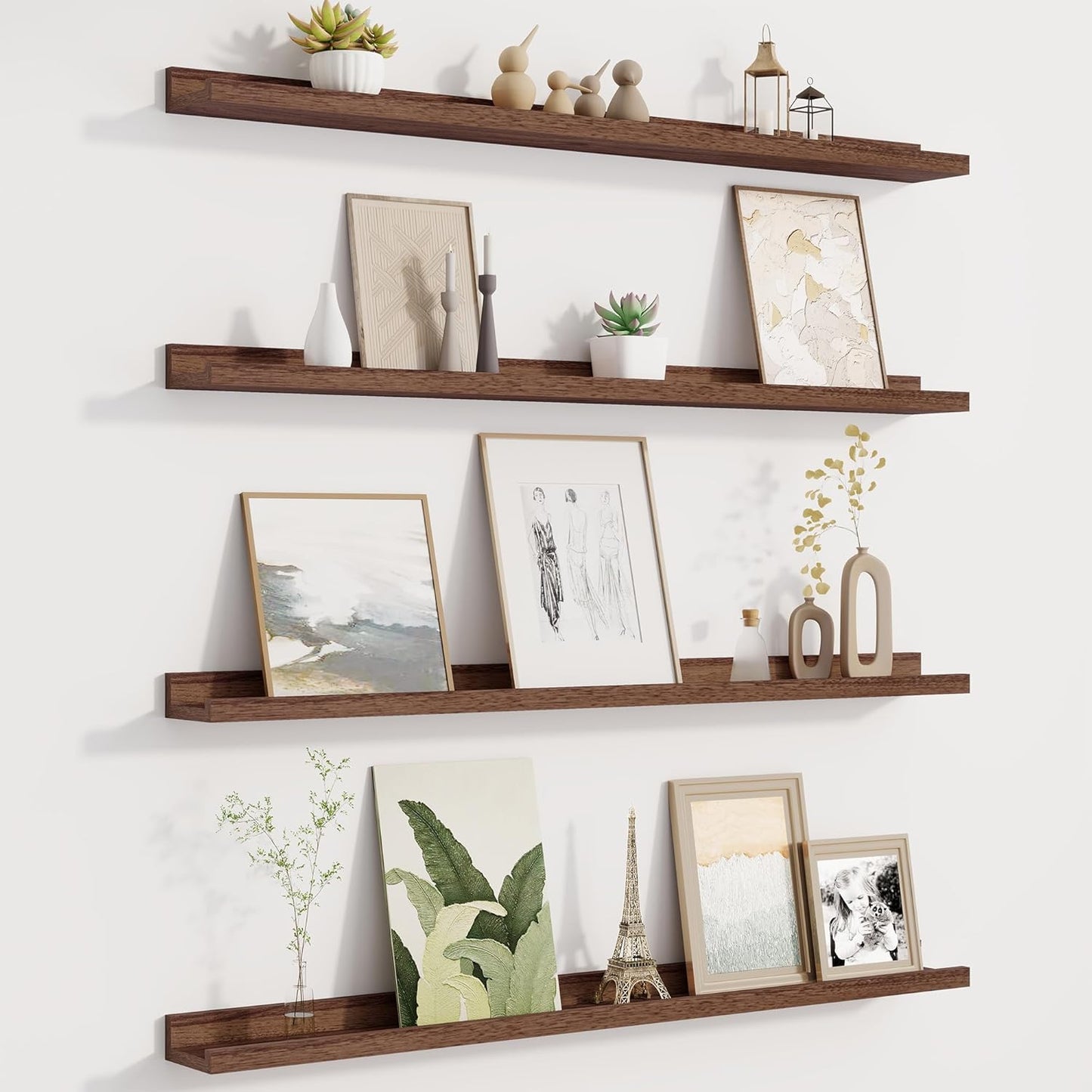 Picture Ledge Shelf for Wall, Floating Shelves Set of 4, 36 Inch Long Nursery Book Shelves for Toys Storage, Kids Bookshelf Wall Mounted for Books Photo Frames, Walnut