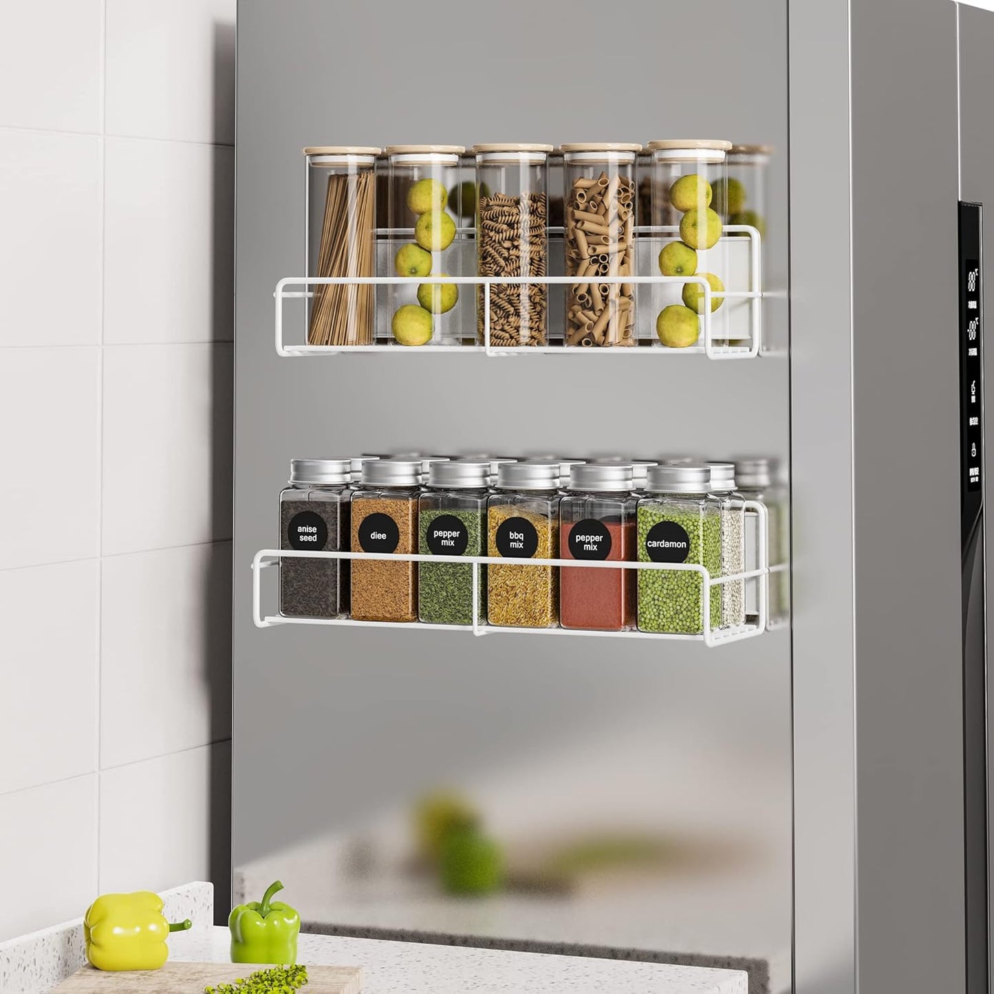 2 Pack White Magnetic Spice Rack Organizer, Space Saver for Refrigerator and Whiteboard, Metal Fridge Shelf for Kitchen and Classroom