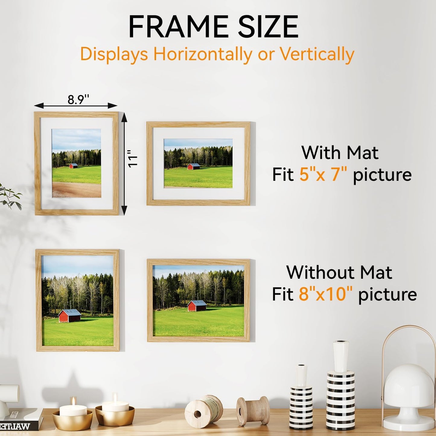 IBUYKE 8x10 Picture Frame,Solid Oak Wood 8x10 Photo Frame with Mat to 5x7,10x8 Picture Frames With Tempered Glass,Tabletop or Wall Mount Display,Home Decor,Natural Oak 8 x 10 Frame,UWPF0810N