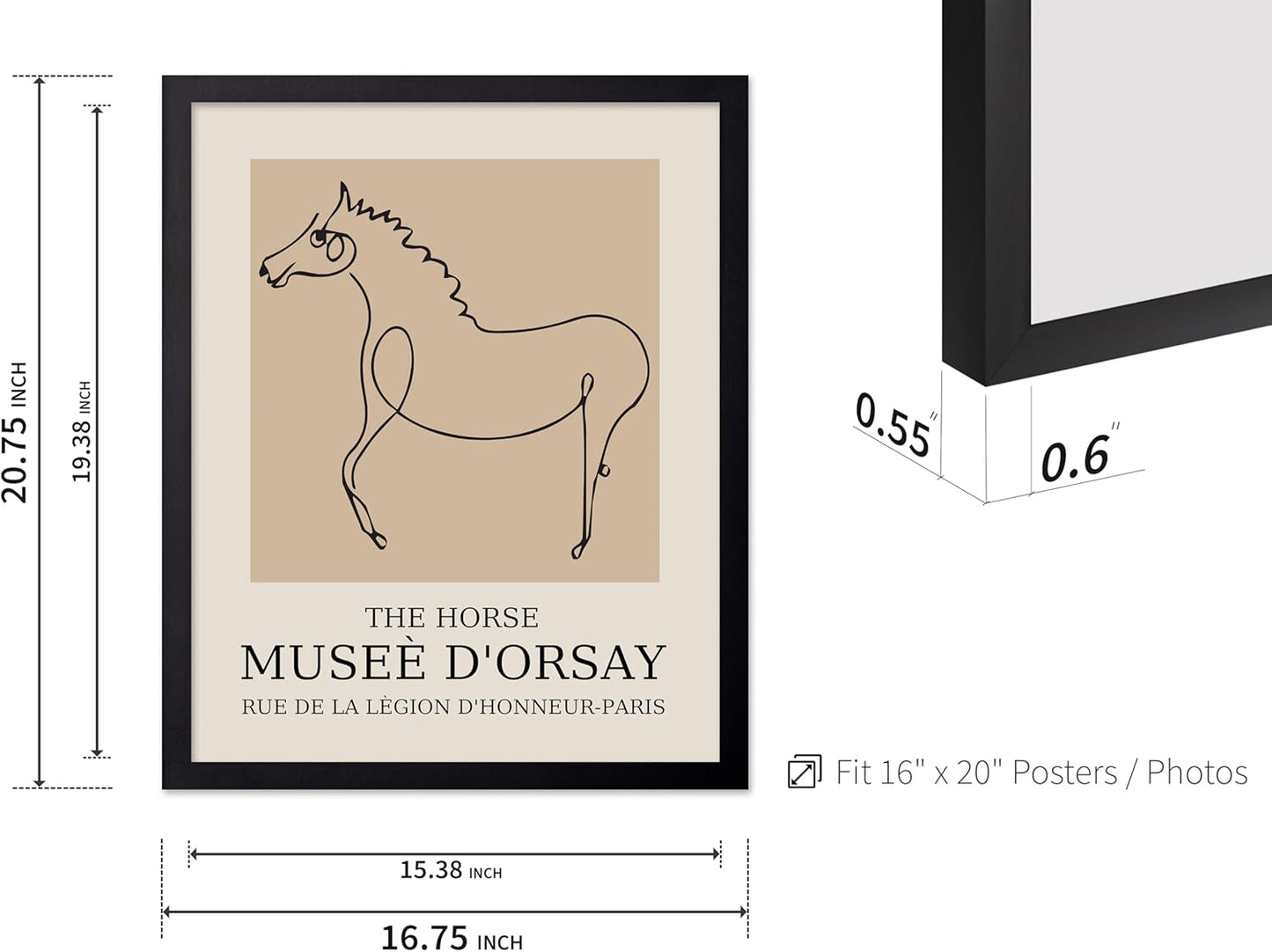 Poster Master Vintage Poster - Retro Minimalist Print - Gift for Artist, Friend - Horse, Line Drawing, Sketch, Abstract - Wall Decor for Living Room, Bedroom, 16x20 Black Framed