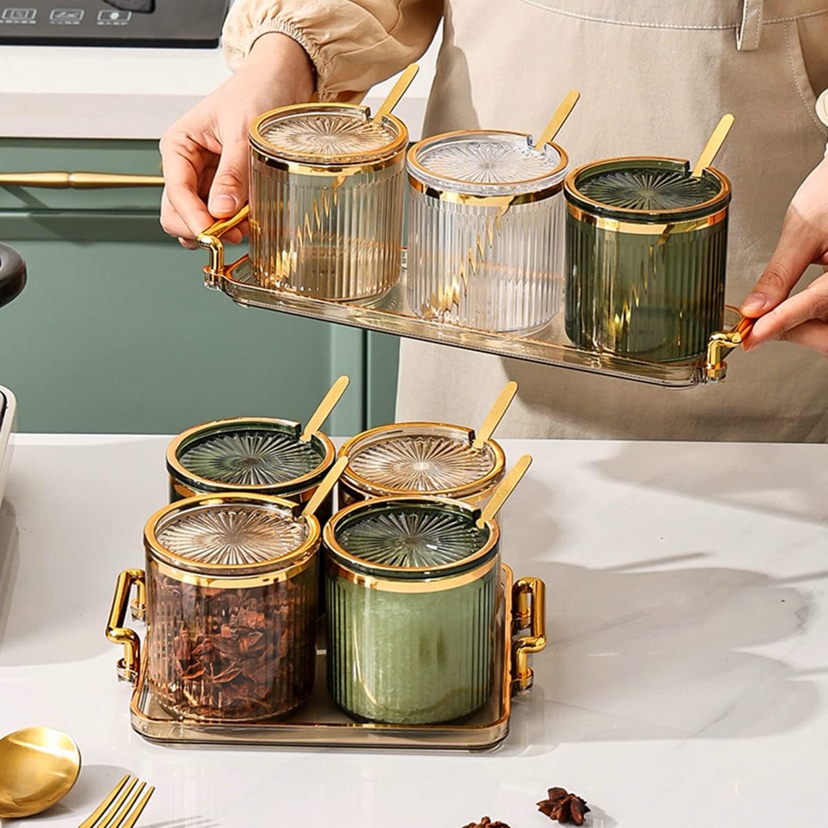 Acrylic Condiment Spice Jars,Condiment Spice Box With Lids and Spoons and Tray,Clear Plastic Sugar Salt Canisters,Seasoning Box 4 Pack,Seasoning Box Set for Kitchen to Storage Salt,Paprika,Sugar