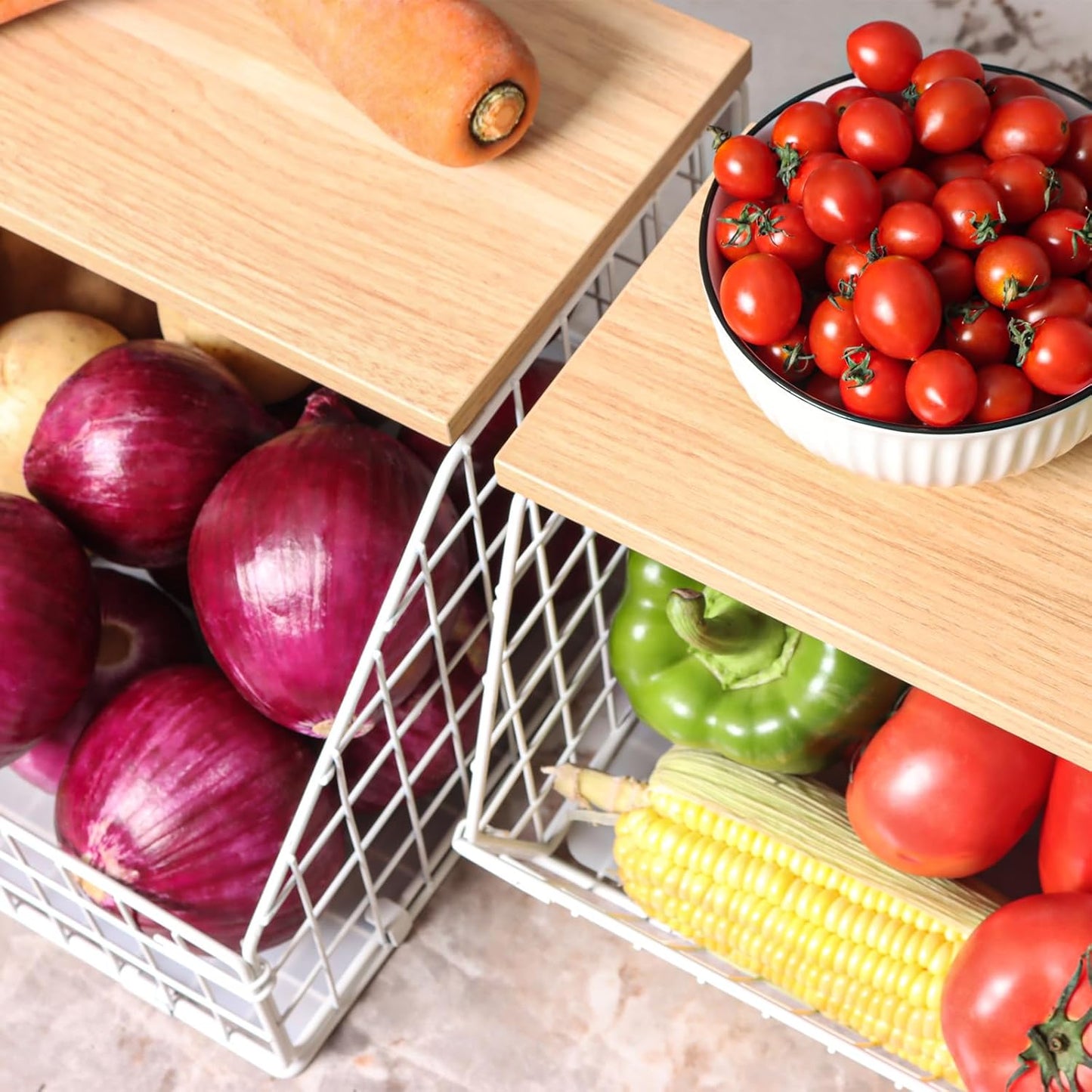 White Fruit Bowl, 2-Tier Fruit Basket for Kitchen Counter, Stackable Wall Mounted Veggie Storage, Snack Organizer, Potato and Onion Storage Basket, Hanging Pantry Organizer with Wood Lid, 2 Set