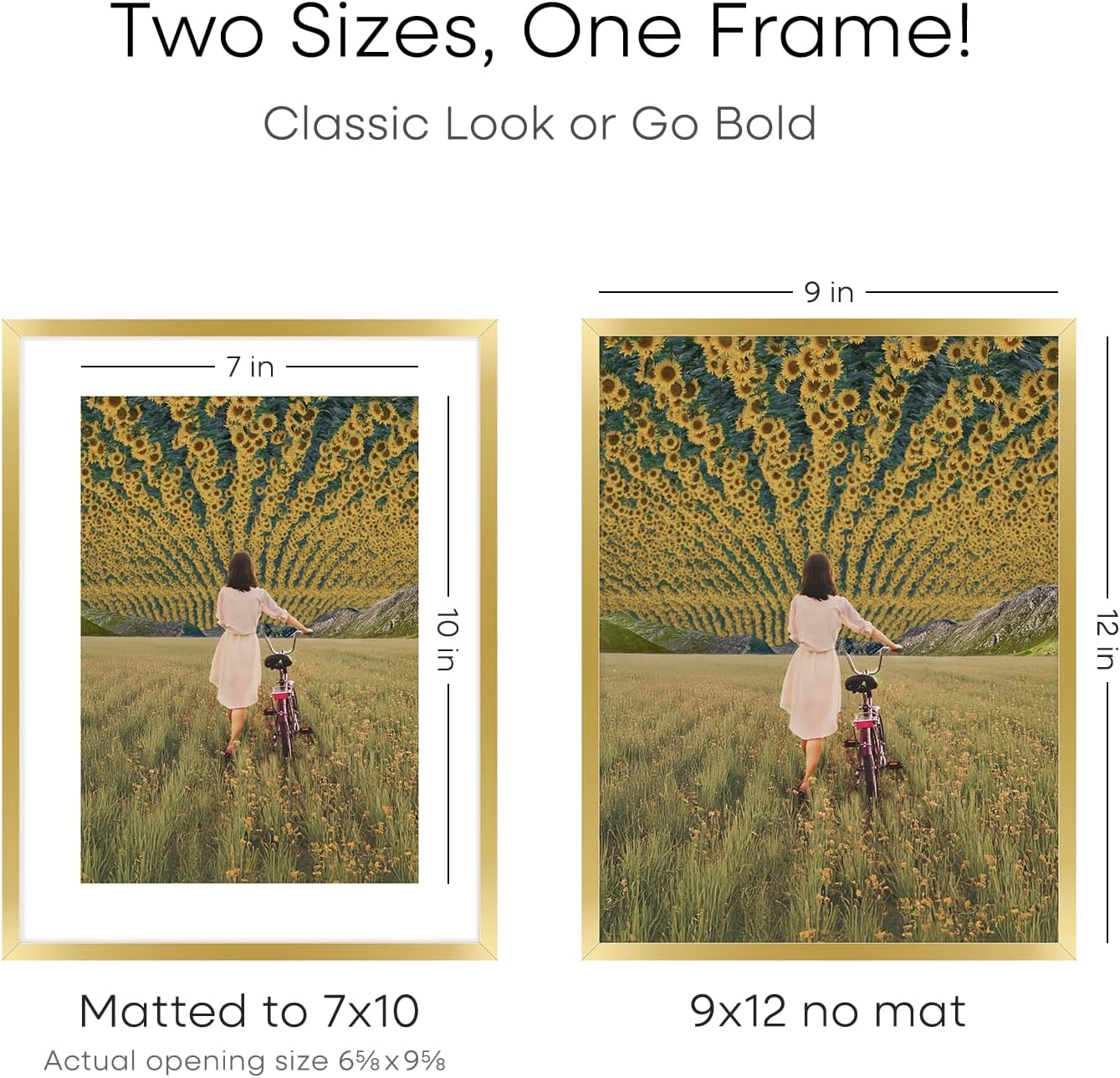 Homeforia 9x12 Gold Frame, High End Metal 9 x 12 Picture Frames with Mat 7 by 10 inch Photo, 9by12 Thin Poster Frame Matted to 7x10 Art, 12x9 Wall or Tabletop Frame, Tempered Glass, Wall Kit, Set of 1