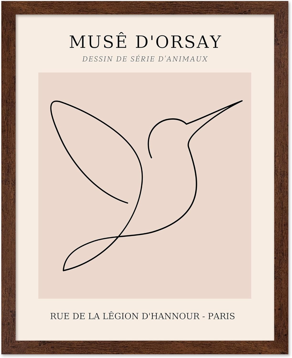 Poster Master Vintage Poster - Retro One Line Hummingbird Drawing Print - Bird Line Art - Minimal Gift for Him, Her, Animal Lover - Abstract Decor for Home, Office, 8x10 Brown Framed