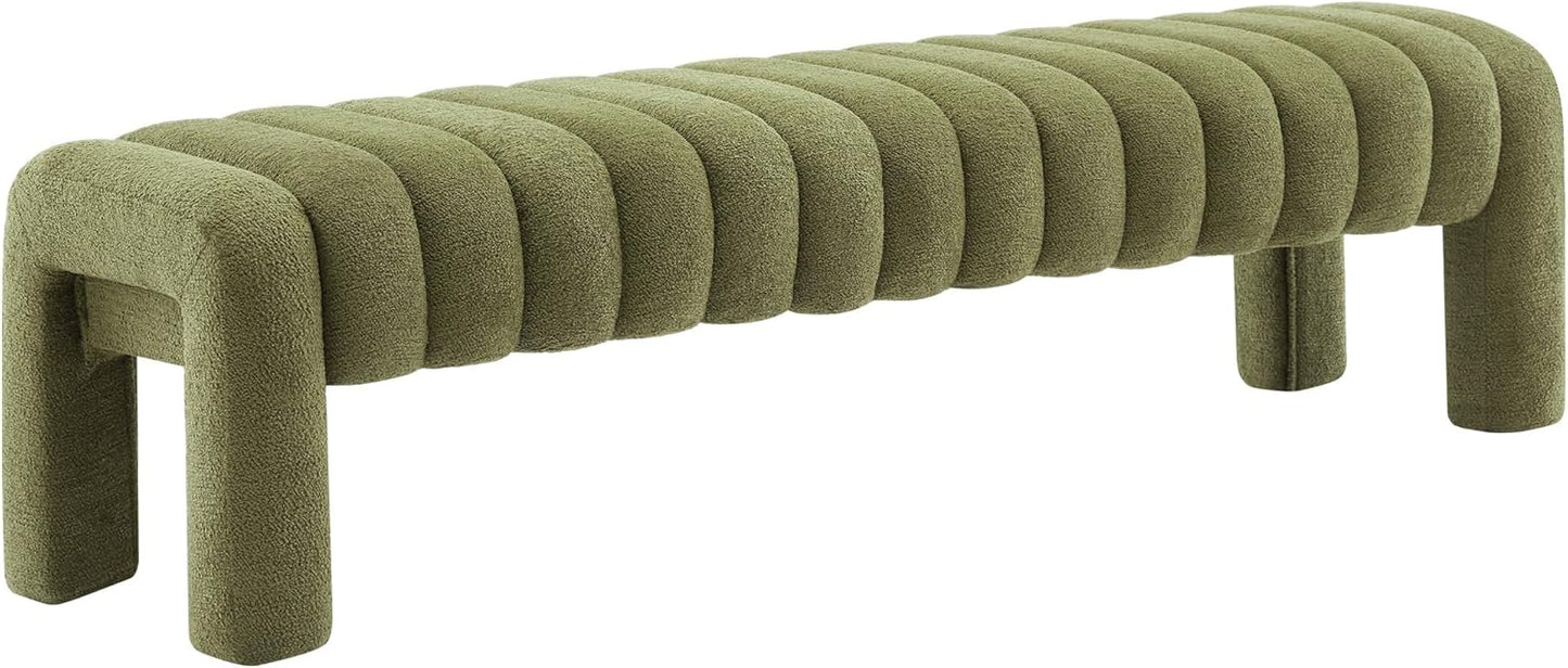 63" Bedroom Bench, Upholstered Entryway Bench, Modern End of Bed Ottoman with Solid Wood Legs and Adjustable Foot Pegs for Entryway, Dining Room and Living Room, 440lbs (Green Boucle)