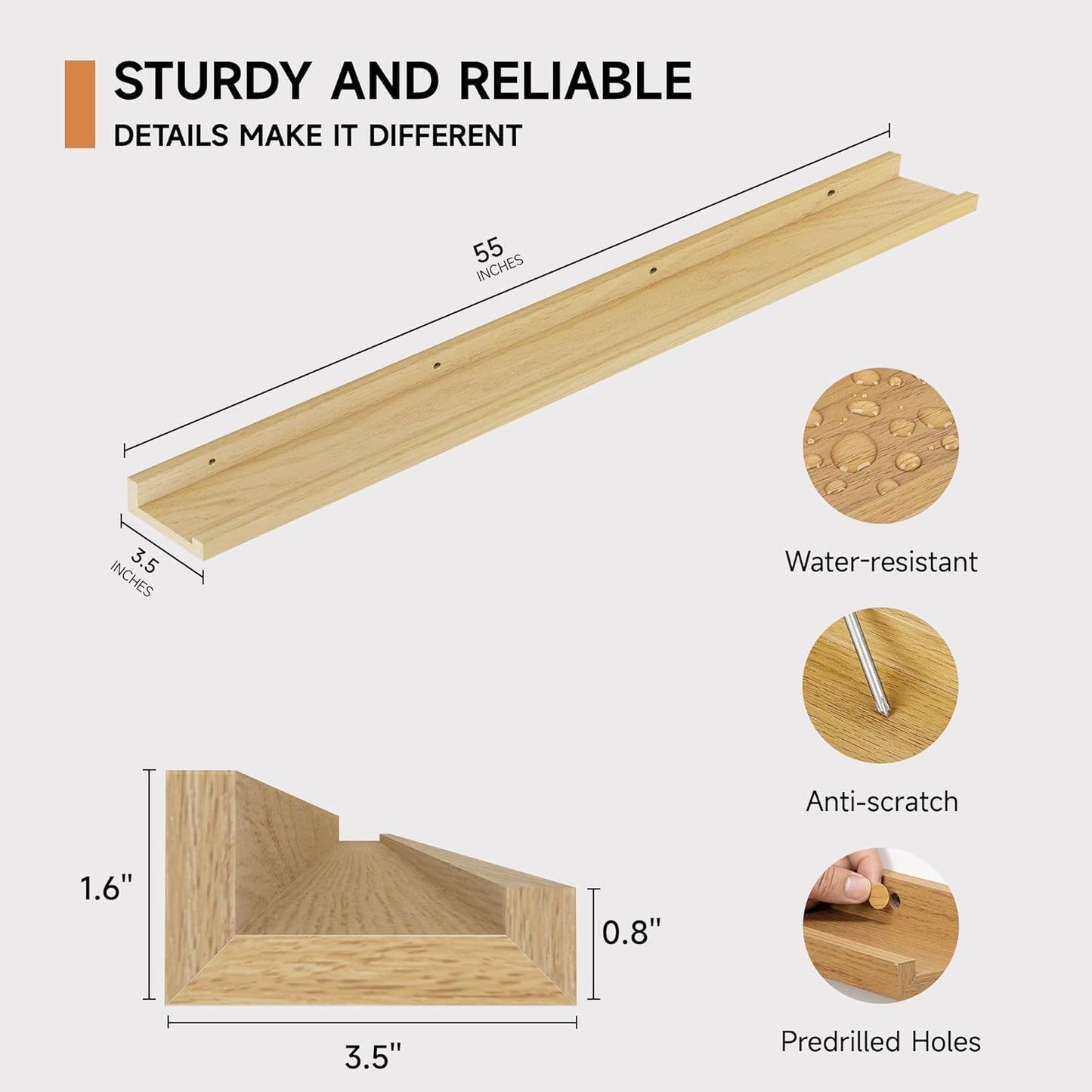 Floating Picture Ledge Shelves for Wall Set of 2, 55 Inches Picture Shelf with Ledge, Nursery Book Shelf for Toys Storage Kids Bookshelf Wall Mounted Living Room Bedroom Decor Frames, Oak