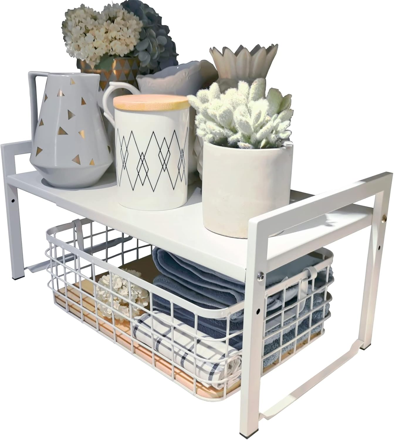 Expandable Cabinet Shelf Organizer 16-26" L Stackable Kitchen Counter Shelf Rack Stand Sink Riser Countertop Storage White (Wide 10.6”D)
