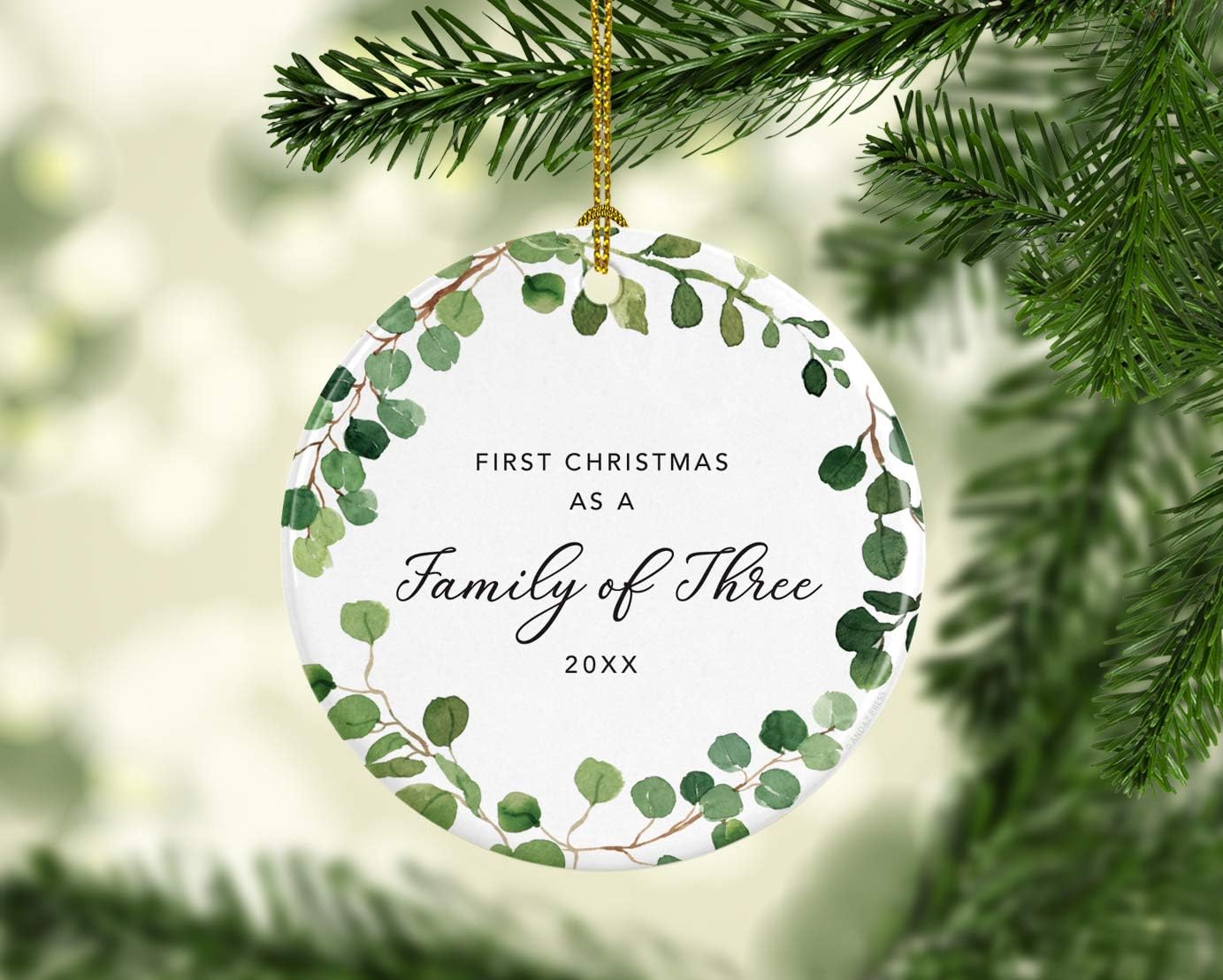 Andaz Press Custom Year Round Ceramic Porcelain Christmas Tree Ornament Keepsake Collectible Gift, First Christmas as a Family of Three 2025, Farmhouse Eucalyptus Wreath, 1-PackNew