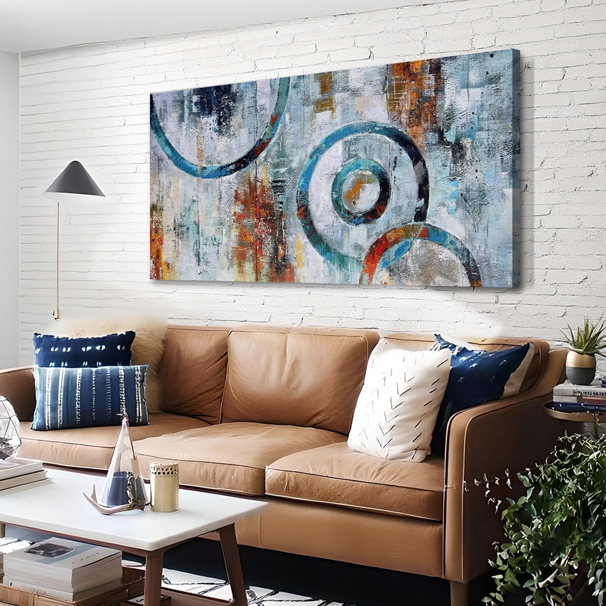 Arjun Abstract Wall Art Geometric Canvas Circle Painting Modern Grey Brown Picture Simple Artwork Framed for Bedroom Living Room Bathroom Home Office Wall Décor, Large Size 48"x24"