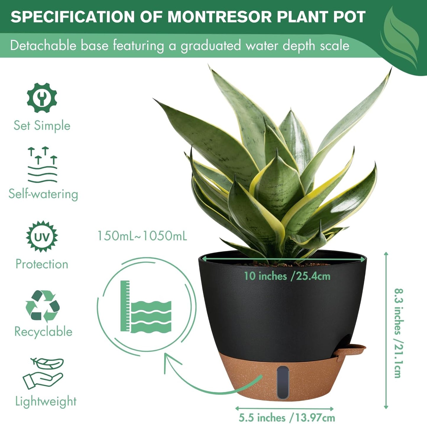 2 Pack 10 inch Plant Pots, PP Plastic Self Watering Plant Pot with Drainage and Tray for Indoor Outdoor Plants , Water Level Window & Reservoir Flower Pots Decorative Planter (Black, 10 Inch)
