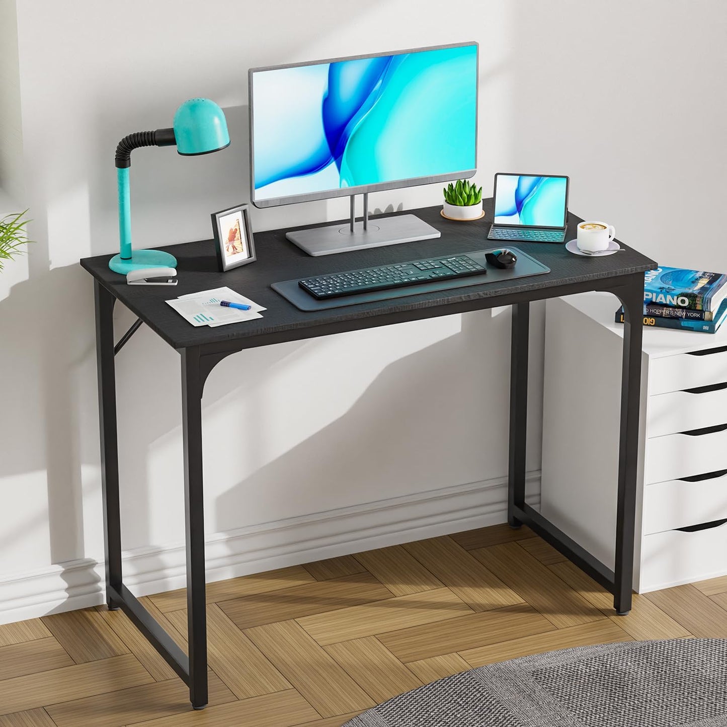 PayLessHere | 39 Inch Computer Desk | Black | Office Desk with Metal Frame, Adjustable Feet | Water-Resistant, Scratchproof Surface | Sturdy Writing Table for Home Office or Study | Pack of 1