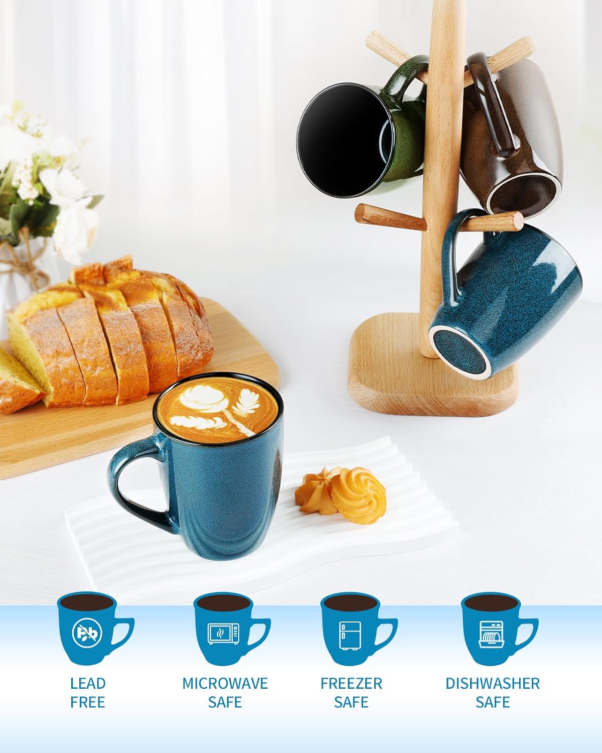 Ceramic Mugs 12oz,Large Ceramic Coffee Cups for Men, Women, Dad, Mom, Modern Coffee Mugs With Handle For Tea,Latte,Cappuccino,Cocoa. (blue 4pack)