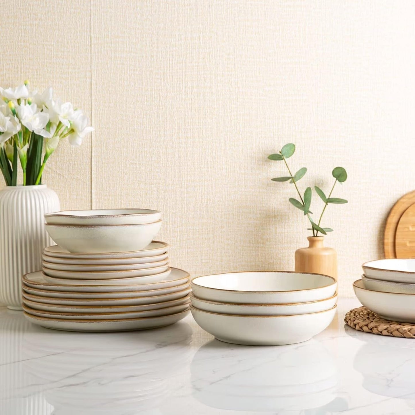 AmorArc Ceramic Dinnerware Sets,Handmade Reactive Glaze Stoneware Plates and Bowls Sets,Highly Scratch Resistant | Dishwasher & Microwave Safe Dishes Set,Service for 6 (18pc)