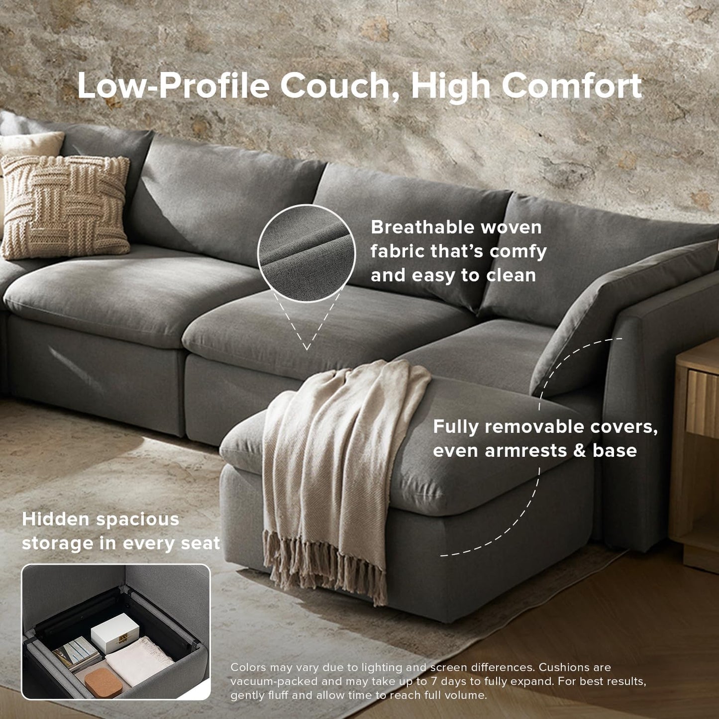 mopio Oversized Modular Sectional Sofa with Fully Removable Covers and Storage, Convertible U, L-Shaped and Sleeper Sectional, Modern Couches with Ottoman Chaise (Stone Gray Fabric, 5 Seats, L)
