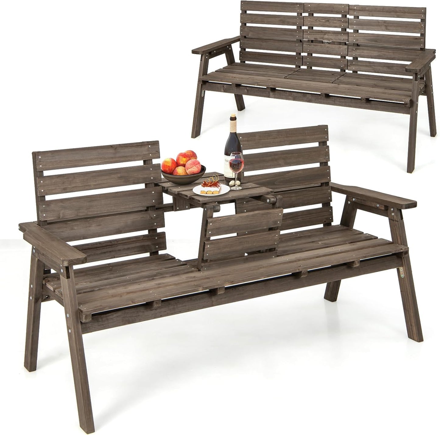 Tangkula Outdoor Fir Wood Bench with Foldable Middle Table, 2-3 Person Garden Bench with Backrest and Armrests, 710 lbs Weight Capacity, Slatted Seat Bench for Porch, Patio, Backyard