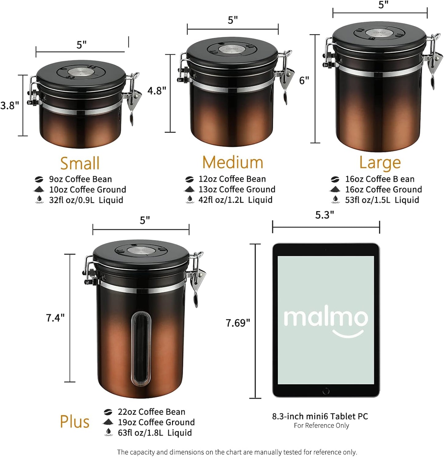 malmo Coffee Canister, Airtight Coffee Container with Date Tracker Lid, Stainless Steel Canister for Kitchen Food Storage (Black-Copper, 12oz)