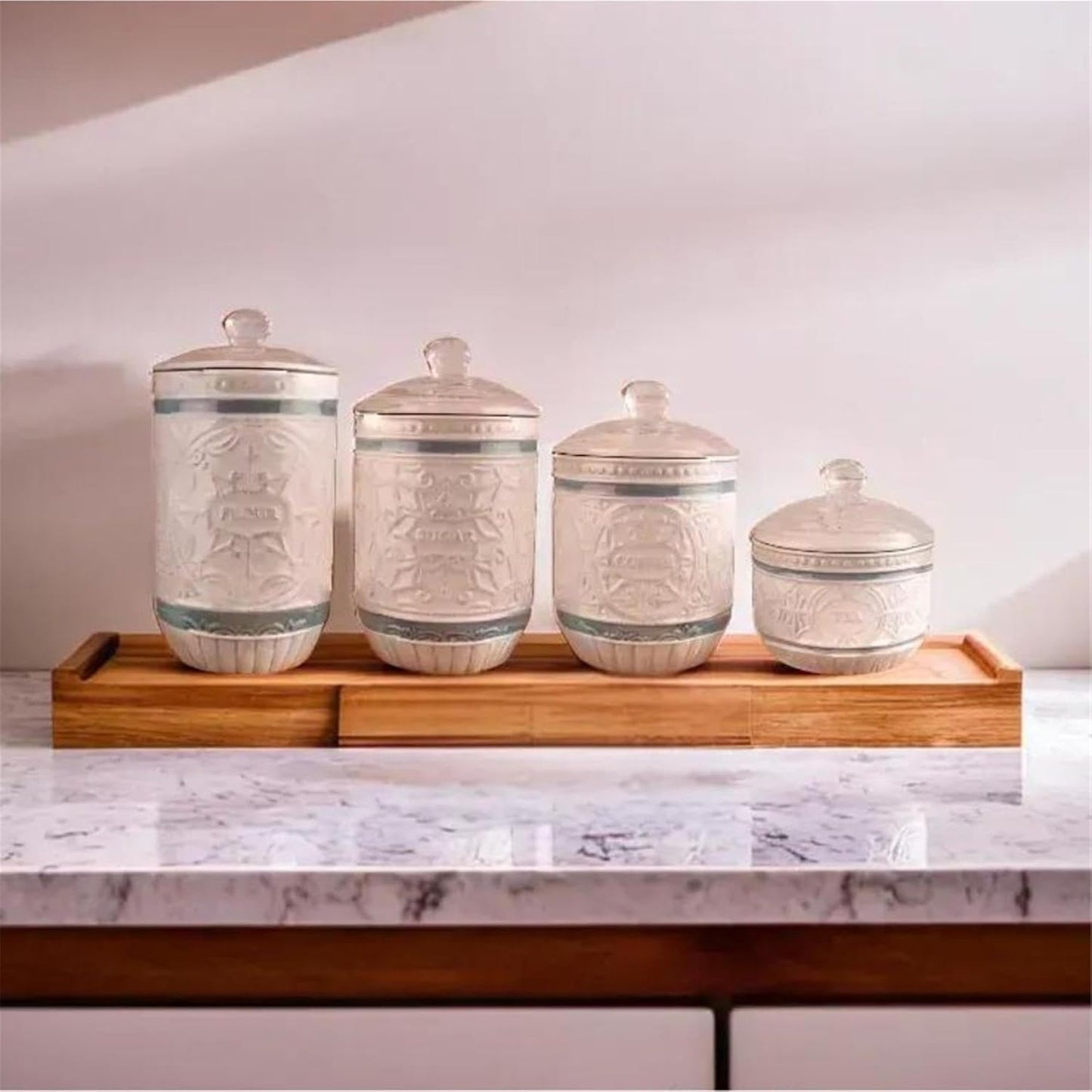 Young's Inc. 4 Pcs Set Casual Provincial Ceramic Canisters- Storage Container for Kitchen and Bathroom - Beautiful Home Decor Accent to Store Food, Coffee, Tea, and More - Green, White