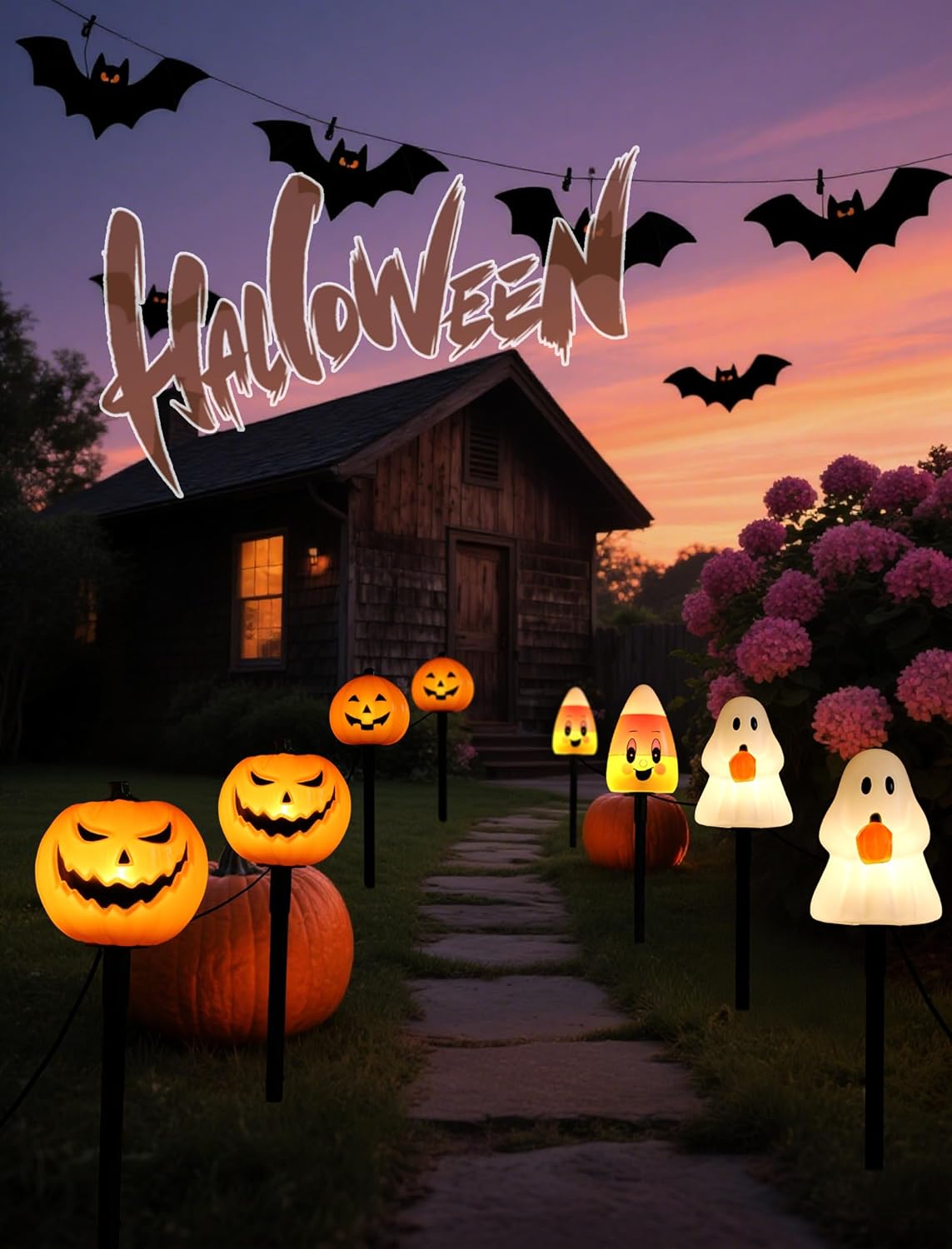 5 Pack Enchanting Candy Corn Pathway Lights Outdoor, UL Certified Plug-in Halloween Decorations, Whimsical Waterproof Yard Stakes for a Magical Trick-or-Treat Walkway & Festive Garden Party