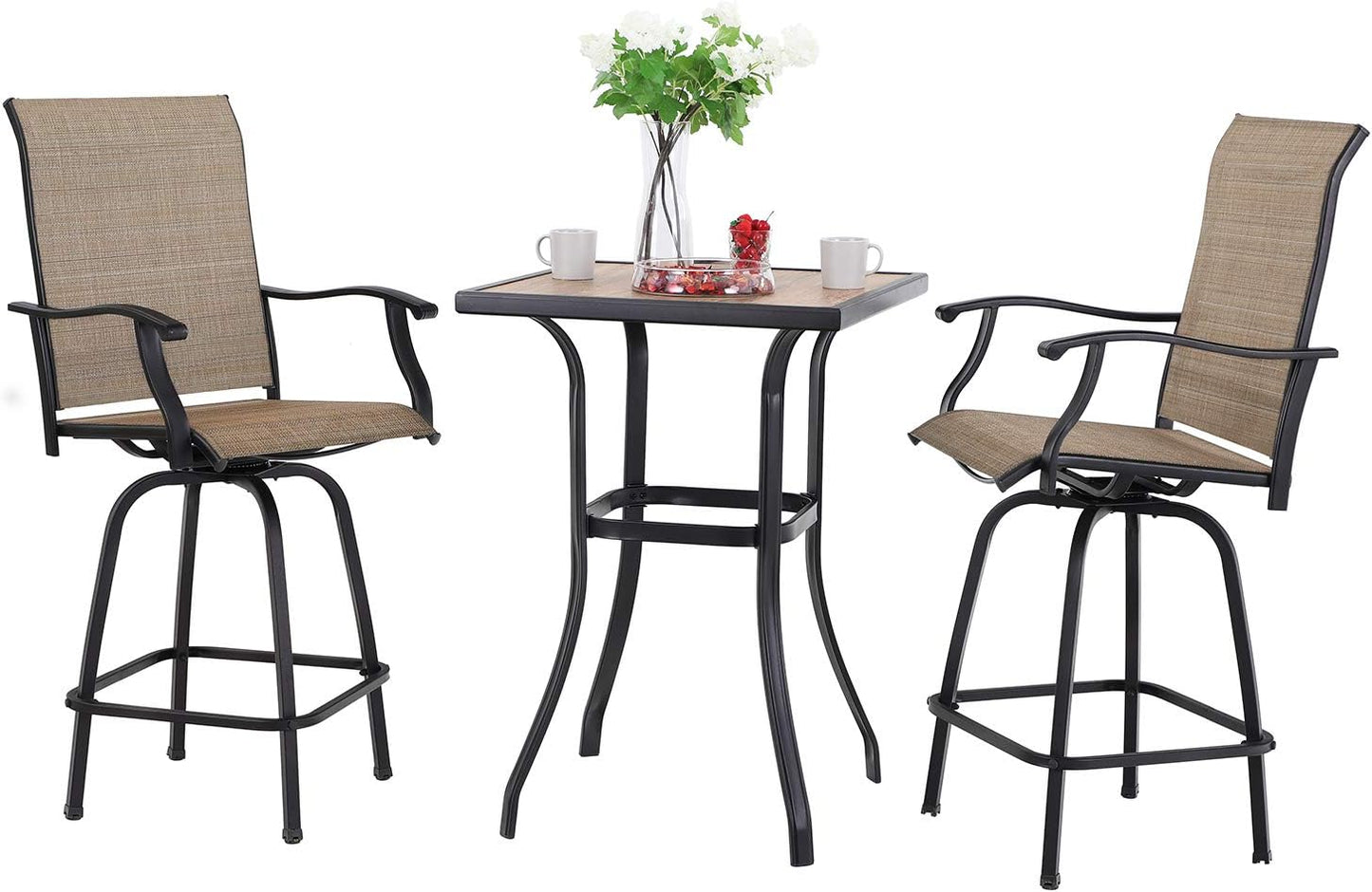 Sophia & William Outdoor Bar Set, Patio Bar Table & Chairs Set, Bar Height Patio Set - 2 x Swivel Bar Chairs(Brown), 1 x Square Bar Table(Wood-Like)