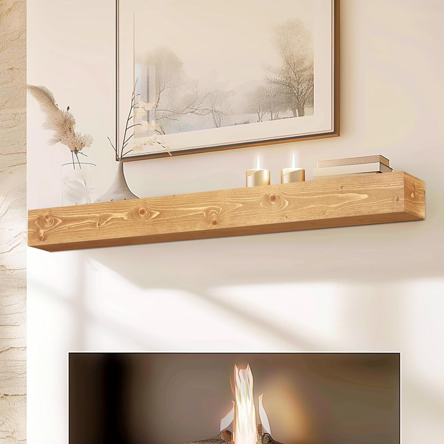 56x8x5 Fireplace Mantel - Handcrafted Rustic Solid Wood Wall Mounted Floating Shelf