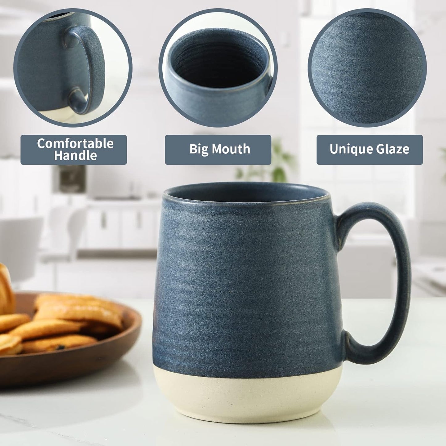 Hasense Ceramic Large Coffee Mugs Set of 4-15 Ounce Porcelain Coffee Cups Set with Handle Perfect for Tea, Cocoa, Latte, Milk and Cappuccino, Modern Tea Cups Set for Man and Woman, Dark Blue