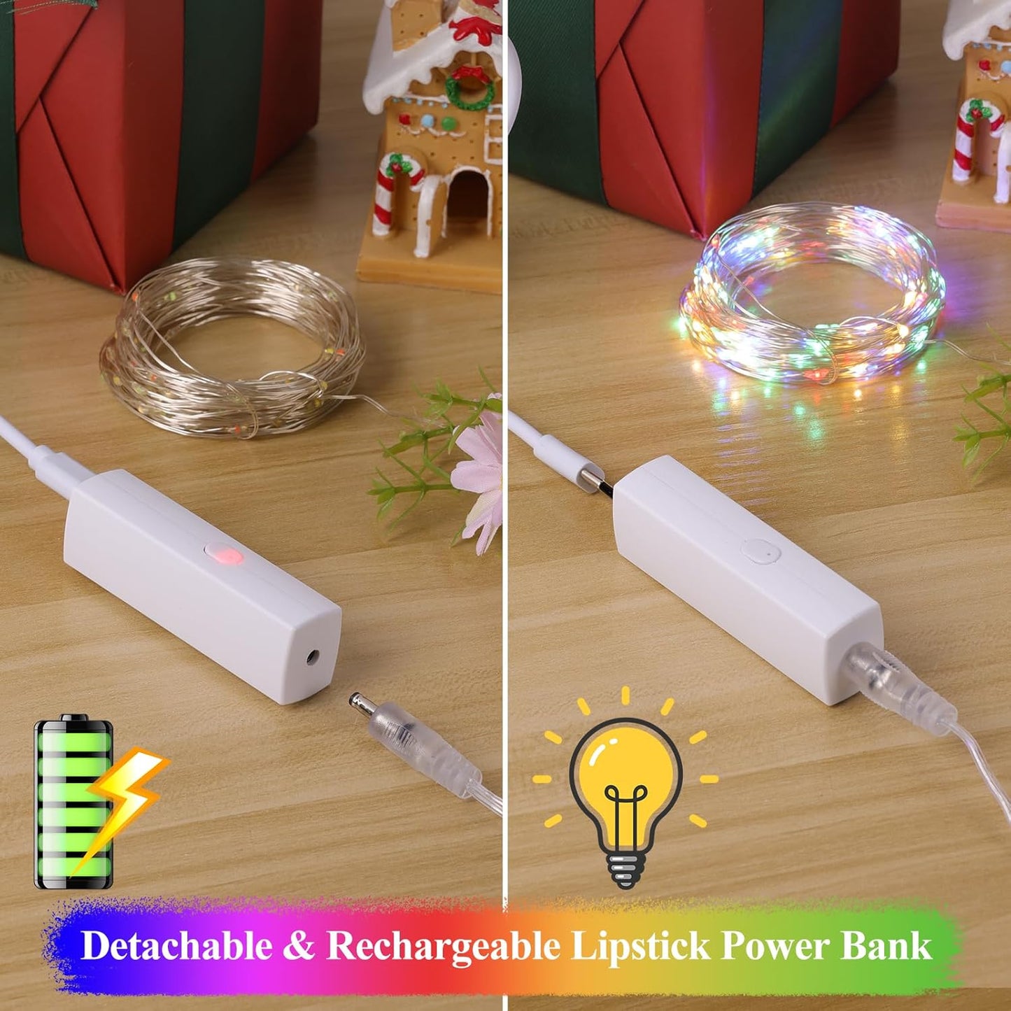 Lakumu 66FT(33 * 2) String Lights Battery Operated, LED Fairy Lights with Timer, Rechargeable Twinkle Lights for Bedroom, Christmas Decorations, Wedding, Vine, Centerpiece Table Decor Multicolor