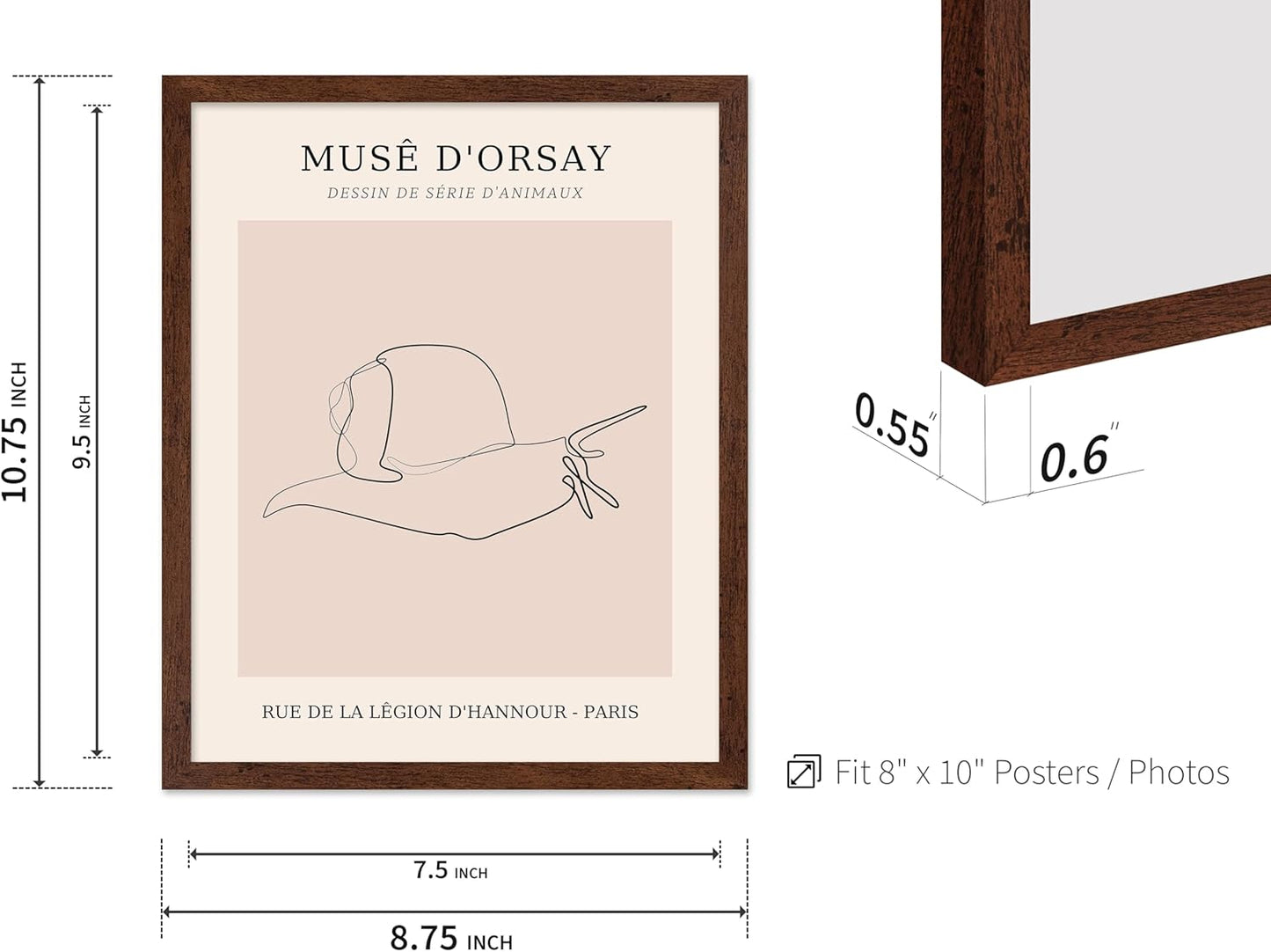 Poster Master Vintage Poster - Retro One Line Snail Drawing Print - Snail Line Art - Minimal Gift for Men, Women, Animal Lover - Abstract Wall Decor for Home, Office, 8x10 Brown Framed