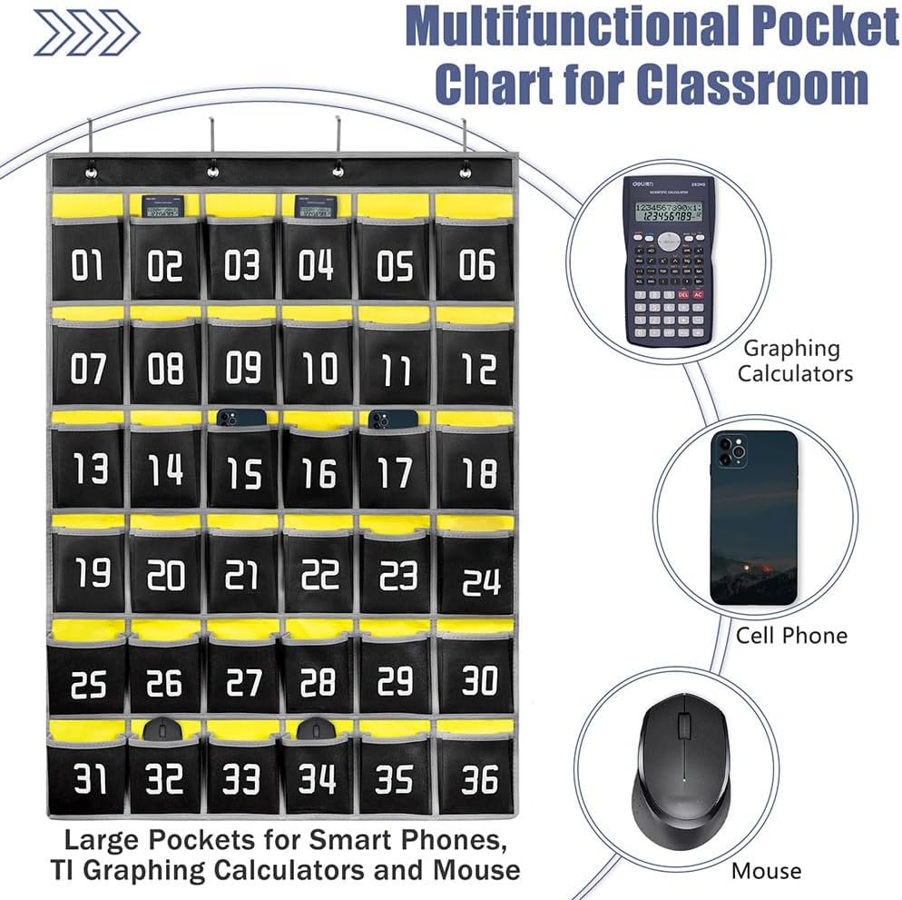 Loghot Classroom Accessories Closet Pocket Chart for Cell Phones Holder Wall Door Hanging Organizer (36 Pockets Black 2Pc)
