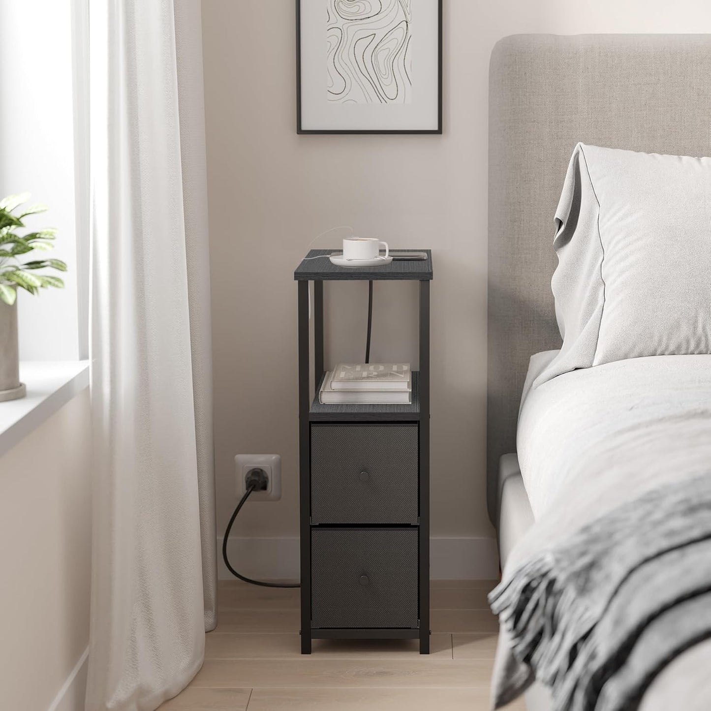 TUTOTAK Small Narrow End Table with Charging Station, Side Table with Outlets, Nightstand with 2 Cloth Drawers, Couch Table, for Living Room, Bedroom, Bedside, Black TB01BK085