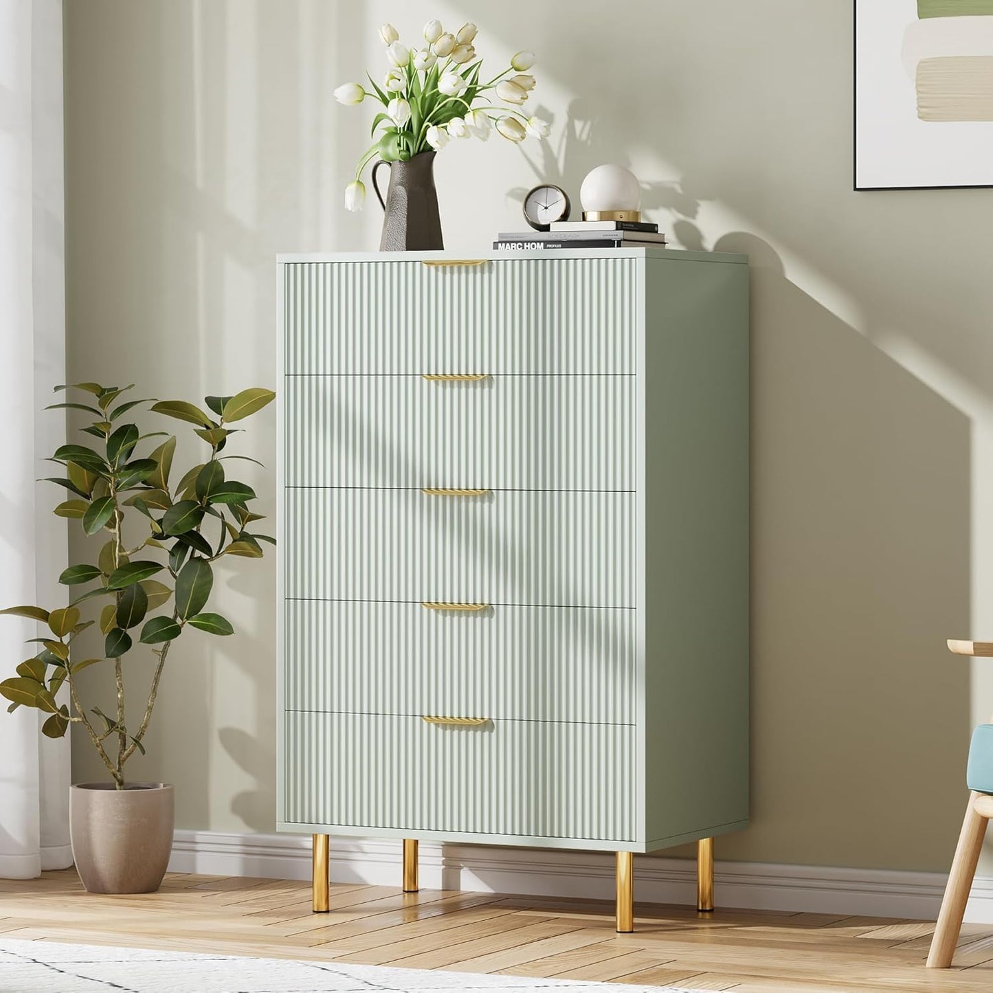 GAOMON 5 Drawer Dresser, Wood Chest of Drawers Organizer Storage with Gold Handle, Tall Storage Cabinet, Modern Design Dresser for Bedroom, Living Room, Closet, Hallway, Entryway, Green