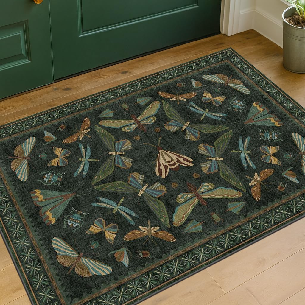 2x3 Entry Way Rugs Indoor - Dark Green Small Throw Rug for Kitchen, Bathroom, Insect Boho Design, Washable Non Slip Stain Resistant