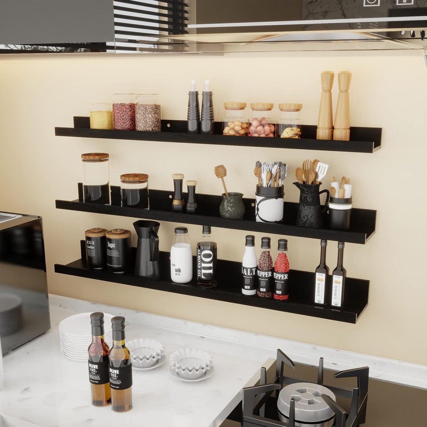 Giftgarden 36 Inch Black Floating Shelves for Wall Woodgrain Picture Ledge Large Photo Shelf for Bedroom Living Room Kitchen Bathroom Storage Shelving, Set of 3 Different Sizes