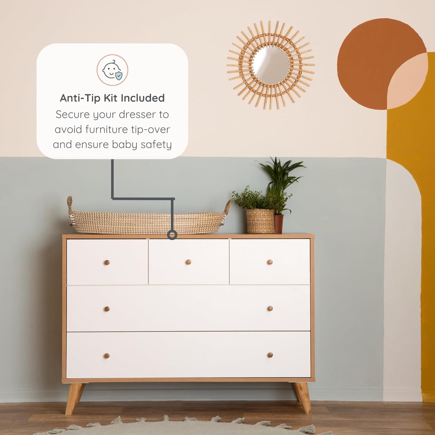 dadada Austin 5-Drawer Dresser for Nursery and Bedroom - Modern Design, Large Storage, Baby-Safe Finish, Anti-Tip Safety, Solid Wood Feet, Durable Construction (White+Red Oak)