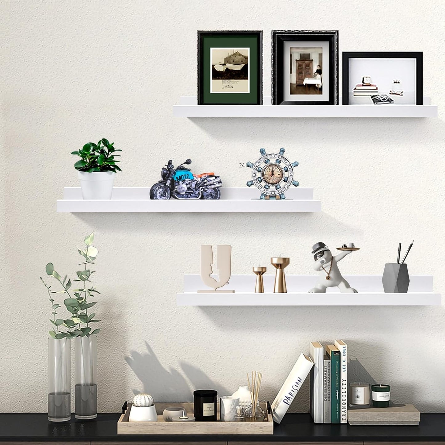 AZSKY White Kids Bookshelf Floating Shelves Wall Mounted 24 Inches Long Nursery Wooden Book Shelves for Toys Storage Picture Ledge Shelf for Living Room Bedroom Decor Books Photo Frames Set of 3