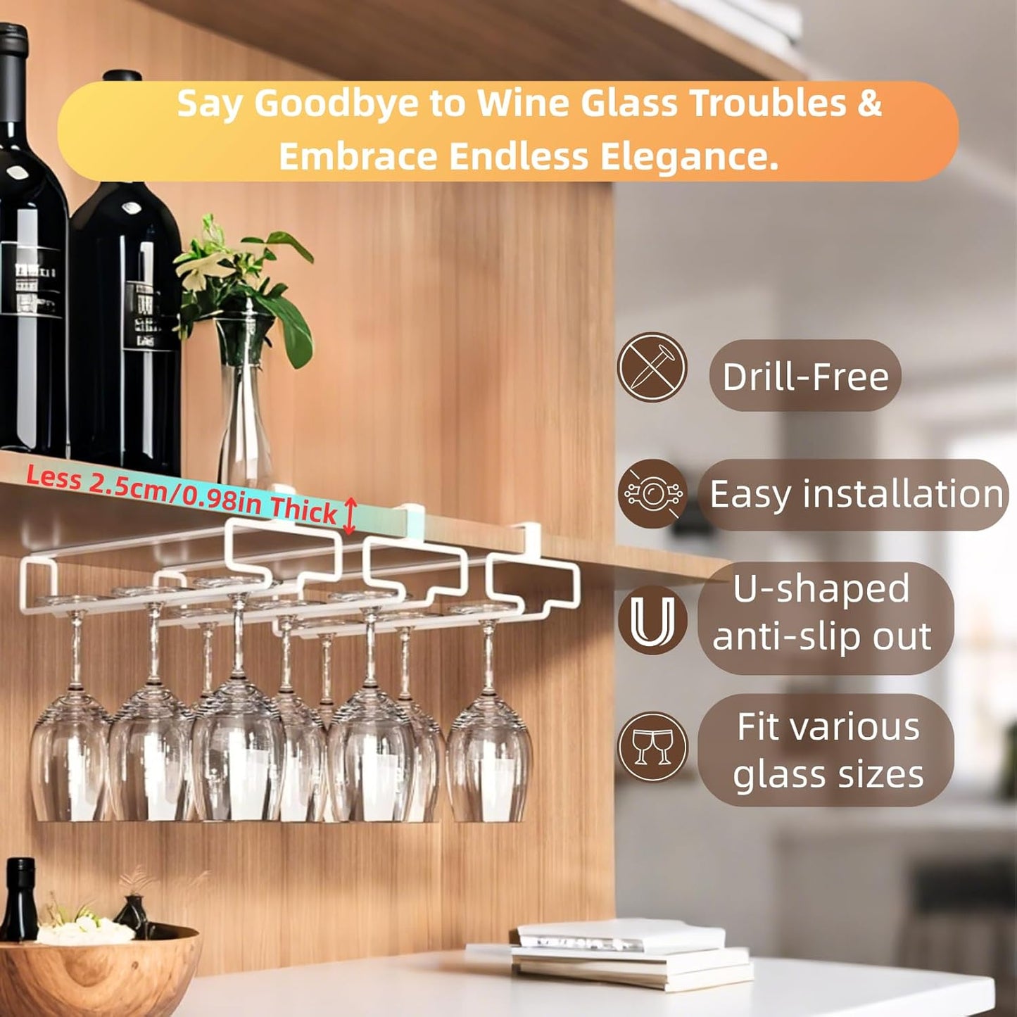 LINFIDITE 2 Pack Wine Glass Holder Stemware Rack Hanger Under Cabinet Wine Glass Rack Kitchen Hanging Storage Rack Organizer,White