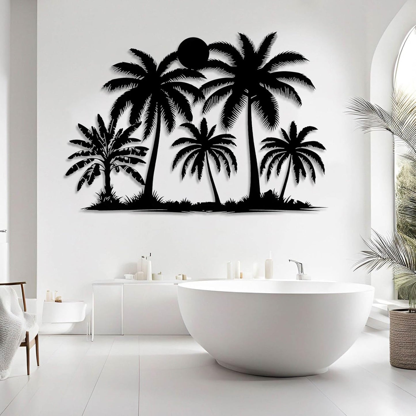 Tuglona Metal Palm Tree with Sunset Wall Decor, Tropical Palm Tree Metal Wall Art, Tropical Wall Decor, Sun Wall Art, Beach Wall Decoration, Coastal Trees Wall Hanging (Silver, 35"x25"/90x62cm)