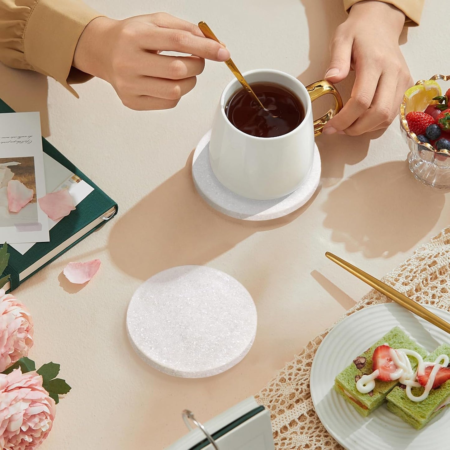 White Marble Coasters with Bling Particles, Set of 6 - Natural Marble Stone Drink Coaster with Protective Silicone Feet, 4 inch Diameter, 0.4 inch Thick - Heat-Resistant Coasters for Coffee Table