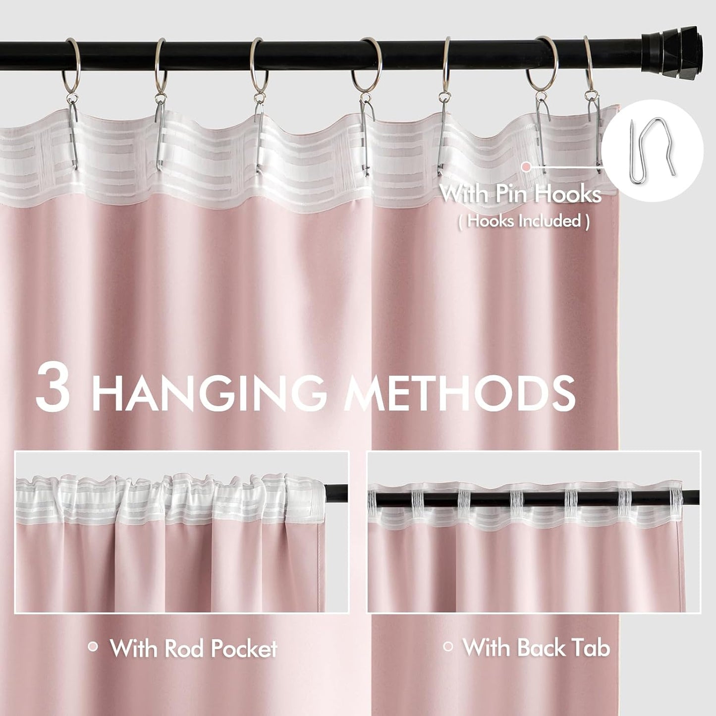 MIULEE Baby Pink Back Tab Blackout Curtains 96 Inch Length 2 Panels Set for Living Room Bedroom Privacy, Rod Pocket/Pinch Pleated Thermal Insulated Room Darkening Light Blocking Drapes, W66xL96