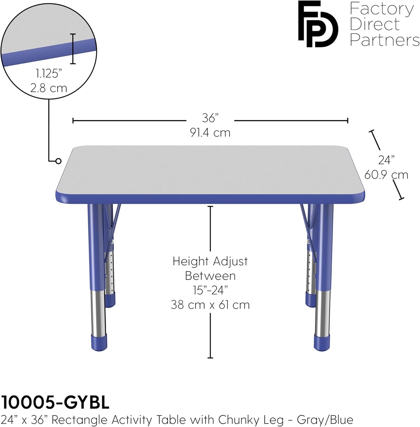 FDP Rectangle Activity School and Classroom Kids Table (24 x 36 inch), Chunky Toddler Leg, Adjustable Height 15-24 inches - Gray Top and Blue Edge