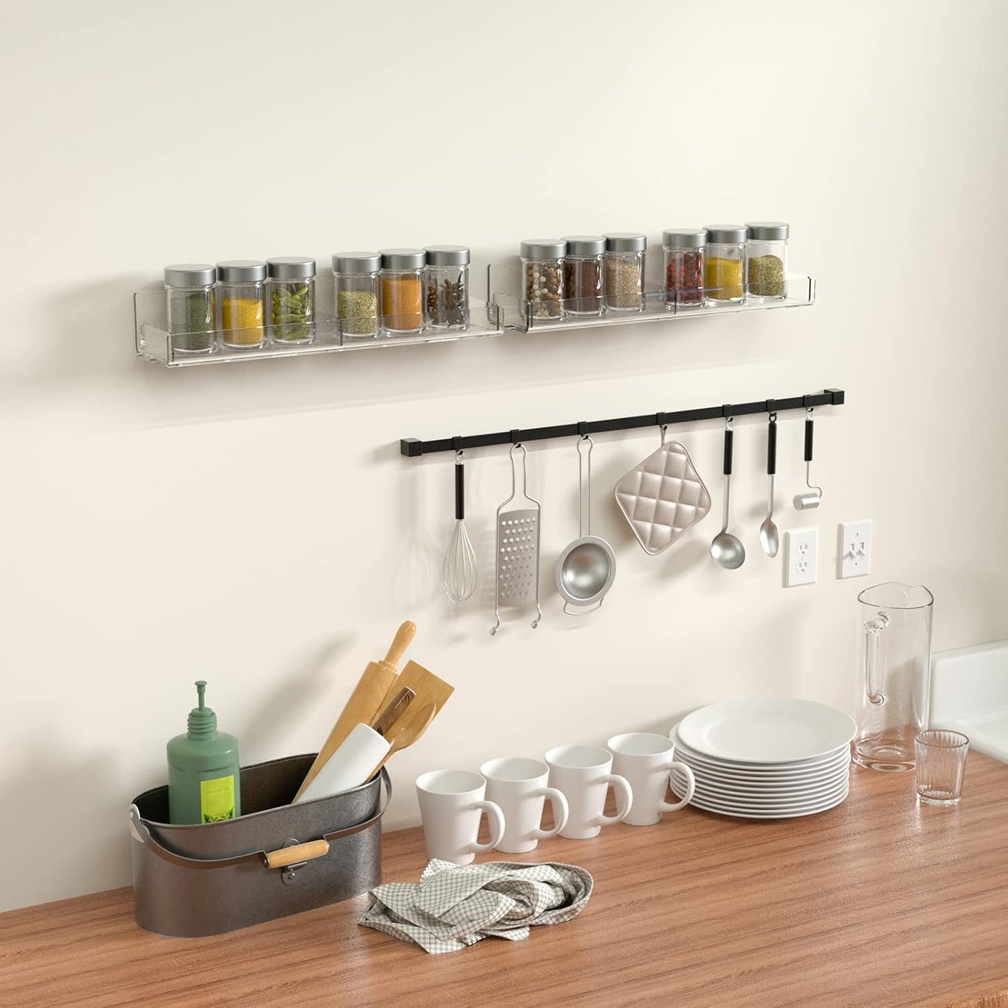 Acrylic Spice Rack Wall Mount, Hanging Spice Shelf Racks for Seasonings, Kitchen Spice Jars Wall Organizer Storage Holder, 2 Pack