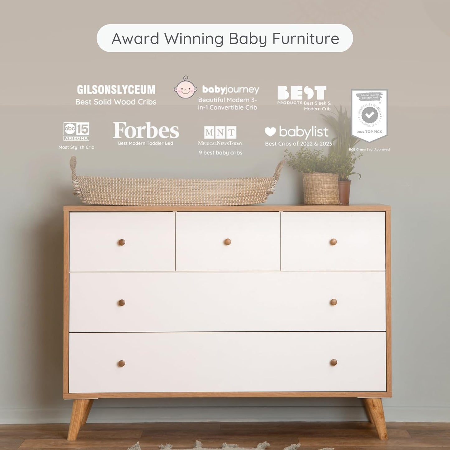dadada Austin 5-Drawer Dresser for Nursery and Bedroom - Modern Design, Large Storage, Baby-Safe Finish, Anti-Tip Safety, Solid Wood Feet, Durable Construction (White+Red Oak)