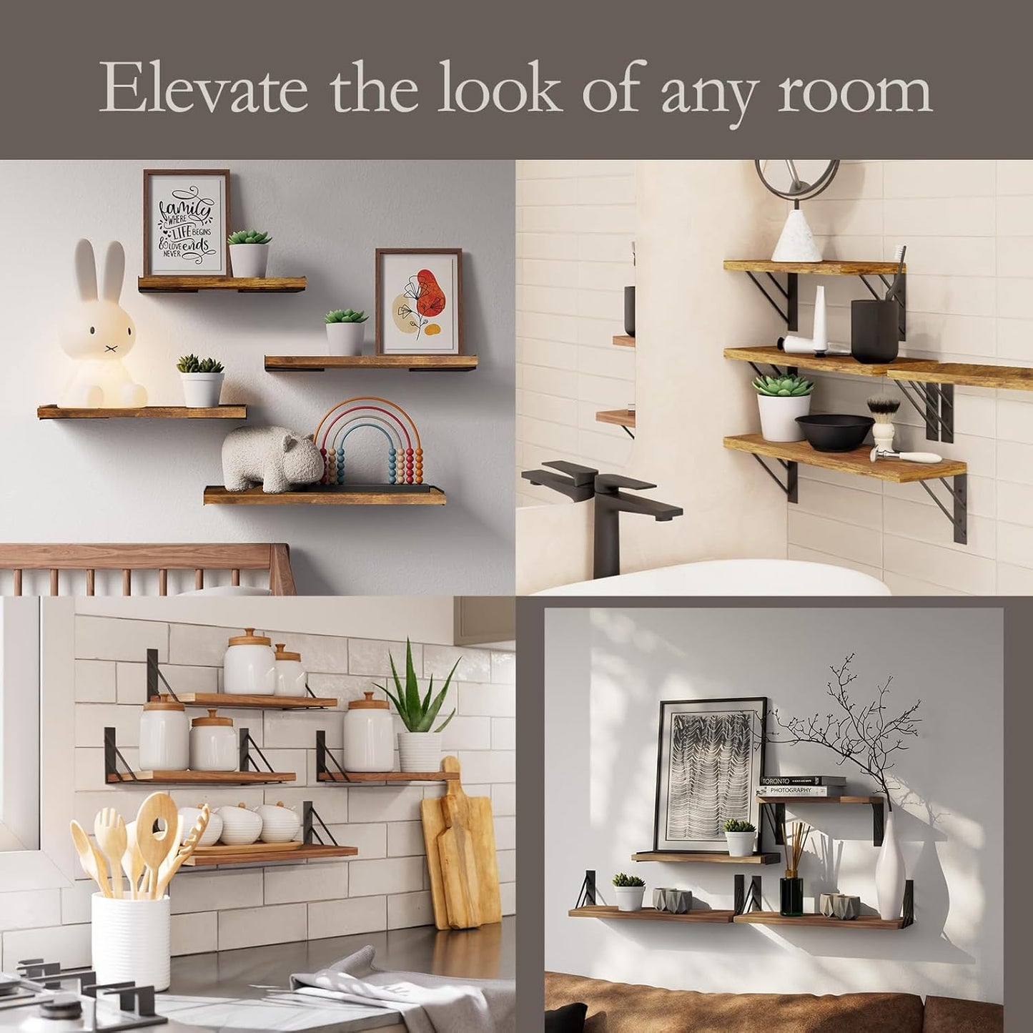BAYKA Wall Shelves for Bedroom Decor, Floating Wall Shelves for Living Room Kitchen Storage, Wall Mounted Rustic Wood Floating Shelves for Kids Books, Corner Shelf for Bathroom(Rustic Brown，Set of 4)