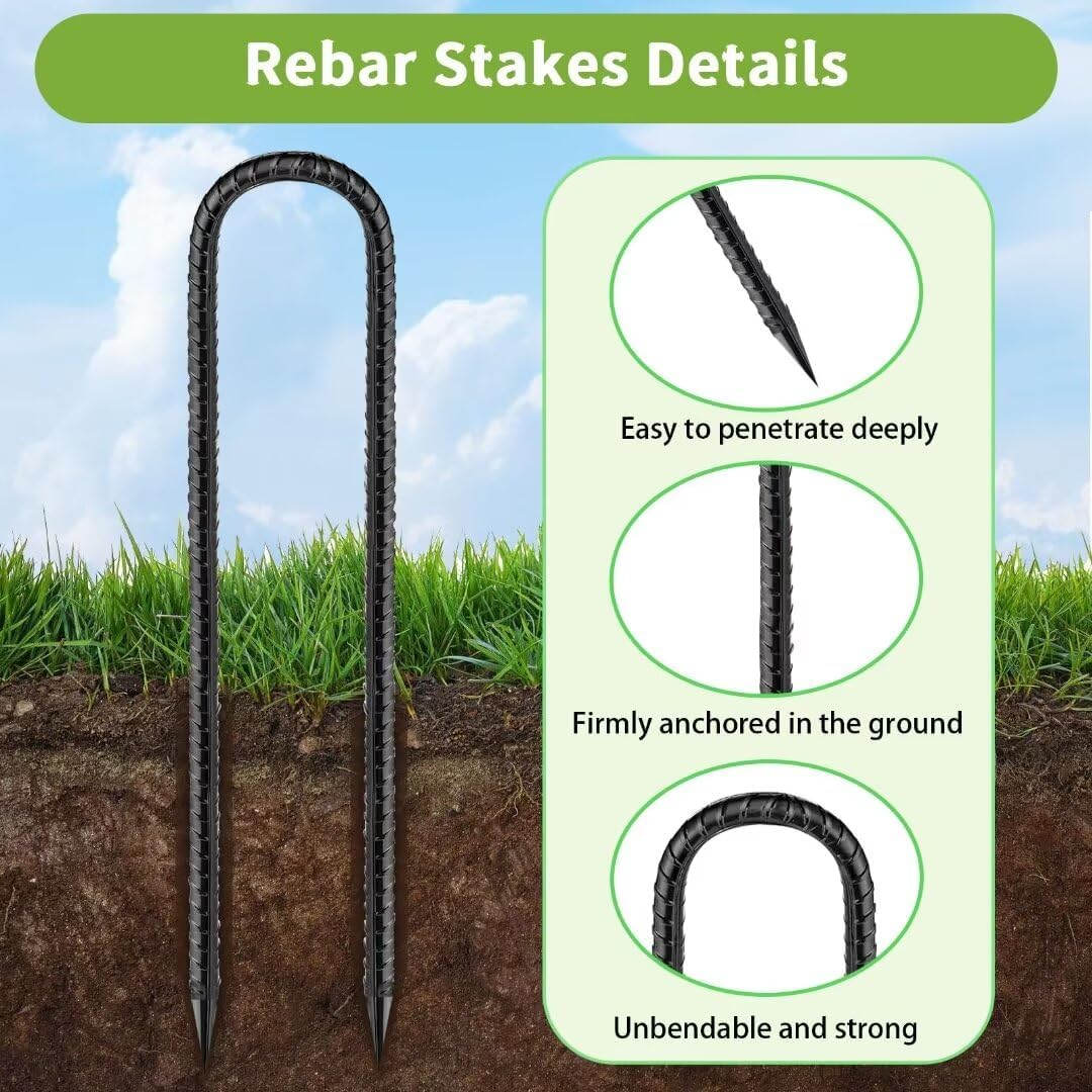 Rebar-Stakes-12-Inch, Ground Stakes Heavy Duty U-Hook Black Coated Anti-Rust Heavy Duty Ground Anchors for Garden Dog Fence Chicken Coop Christmas Decorations Deer Fence 20pcs