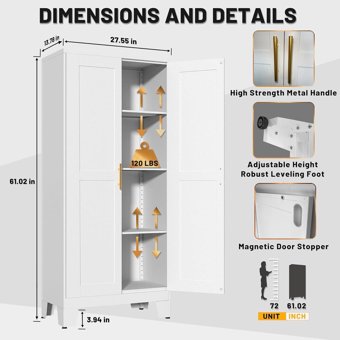 White Metal Kitchen Storage Cabinet, Kitchen Pantry Storage Cabinet with Doors and Shelves, Storage Cabinet with Adjustable Leveling Foot for Kitchen, Living Room and Dining Room. 61" H