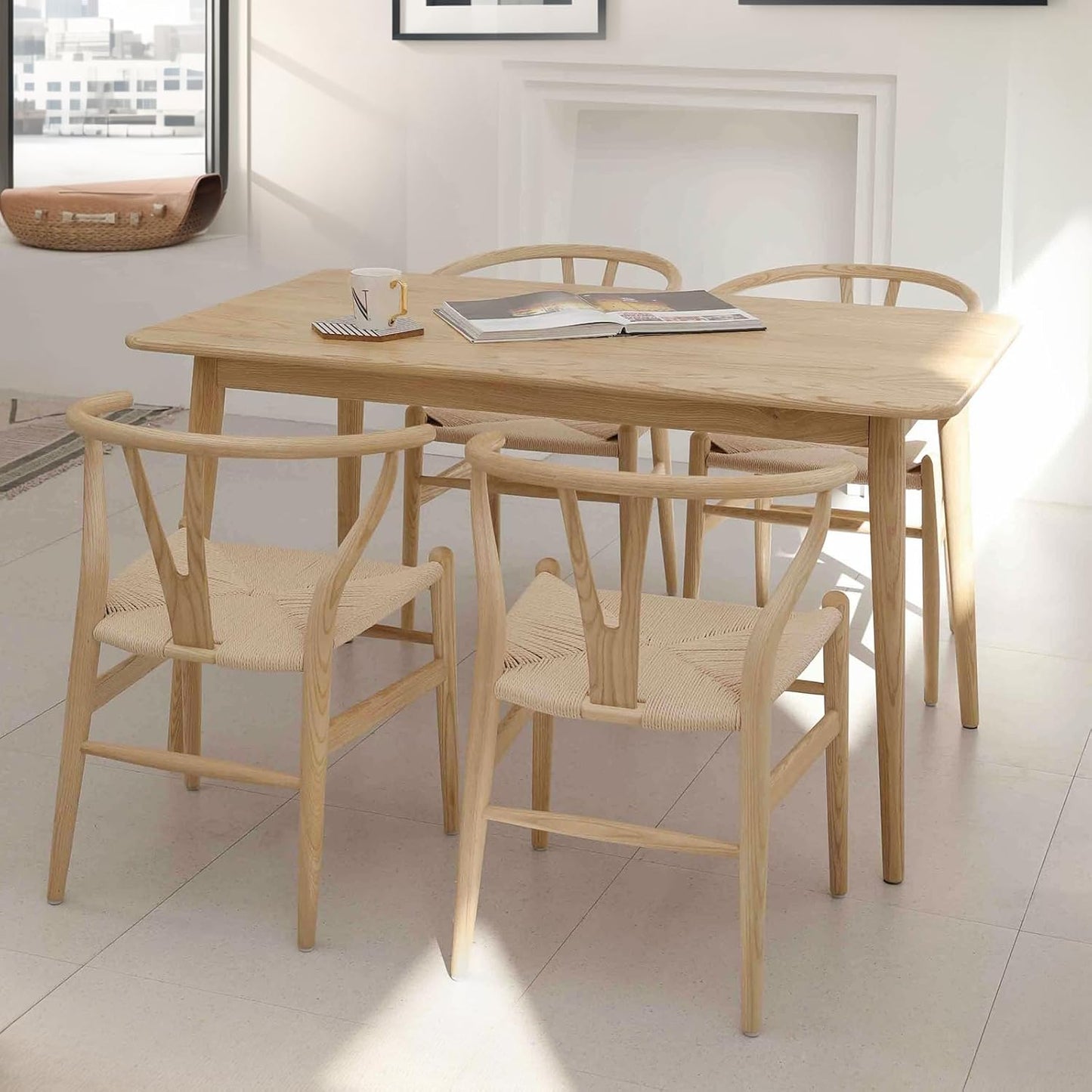 Wishbone Chair Natural Solid Wood Dining Chair/Hans Wegner Y Chair Rattan and Wood Accent Armrest Chairs Set of 2 (Ash Wood + Natural)
